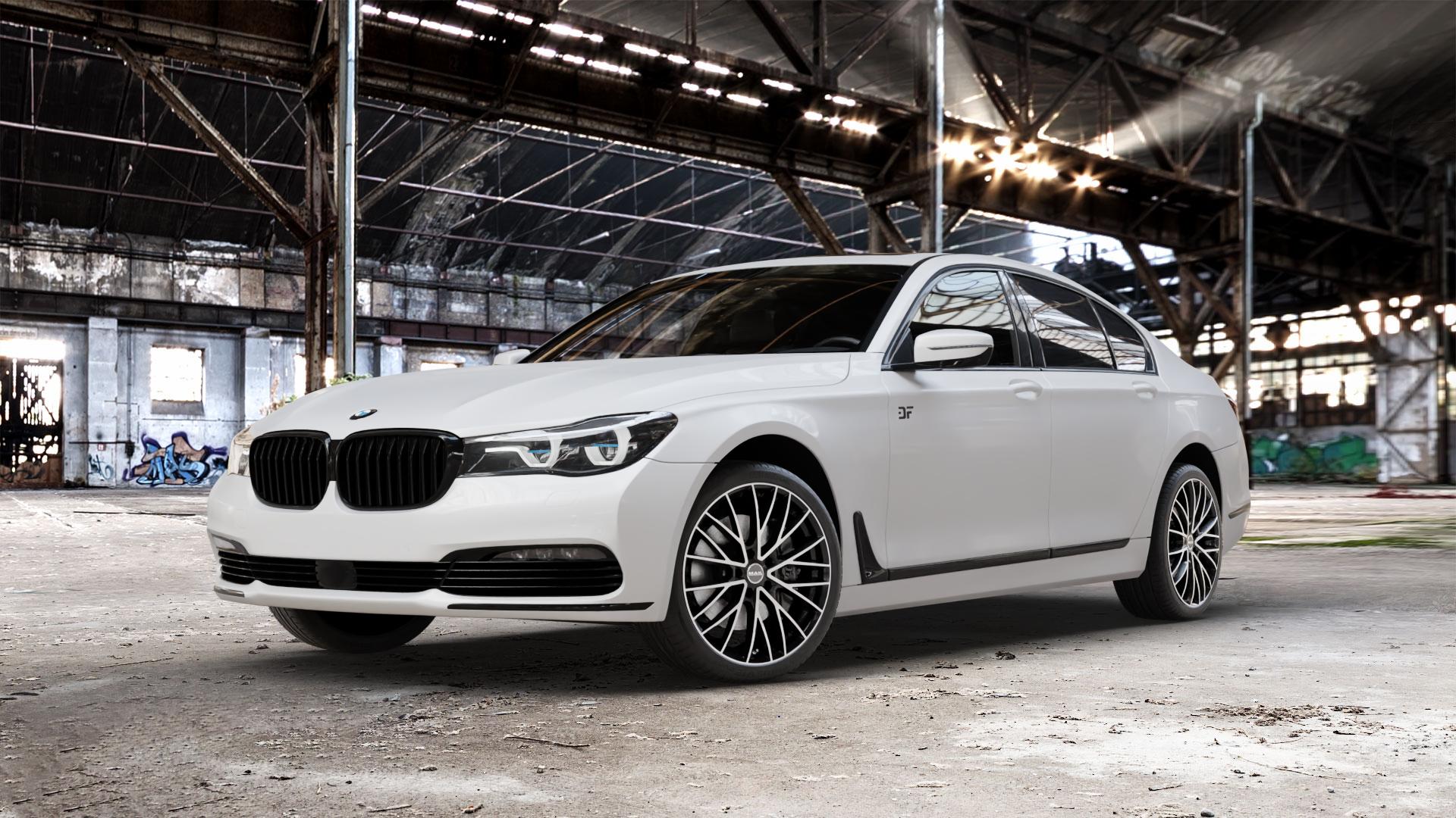 MAK Speciale Black Mirror Felge mit Reifen silber schwarz mehrfarbig in 20Zoll Alufelge auf weissem BMW 740i Typ G11 750i xDrive 730d 740d 740e 730i 750d 7er Limousine (7L) ⬇️ mit 15mm Tieferlegung ⬇️ Old Industrial Hall_max_5300mm_2024 Frontansicht_1