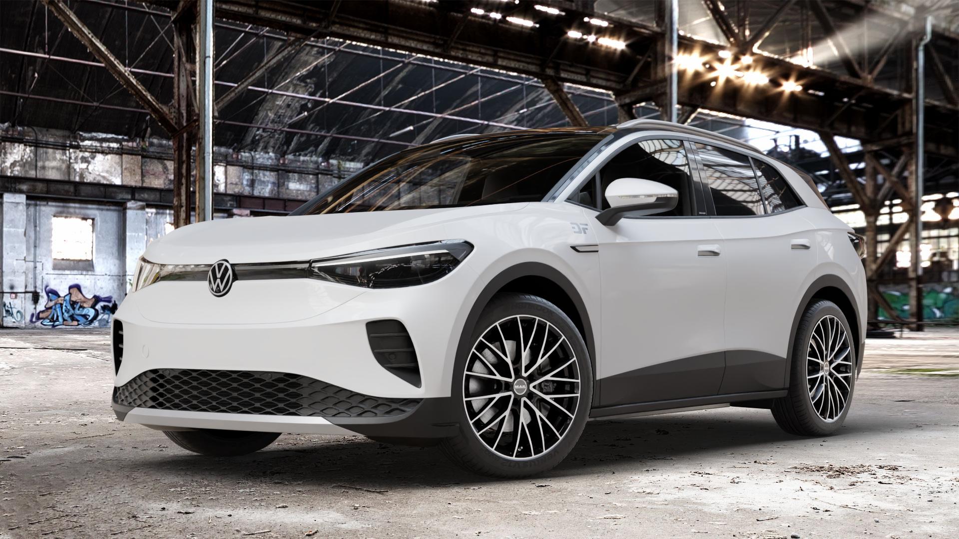 MAK Speciale Black Mirror Felge mit Reifen silber schwarz mehrfarbig in 20Zoll Alufelge auf weissem Volkswagen (VW) ID.4 0,0l 70kW PRO (150kW) (95 PS) Pure (109kW) (125kW) (128kW) 77kW 4Motion (195kW) (105 ⬇️ mit 15mm Tieferlegung ⬇️ Old Industrial Hall_max_4400mm_2024 Frontansicht_1