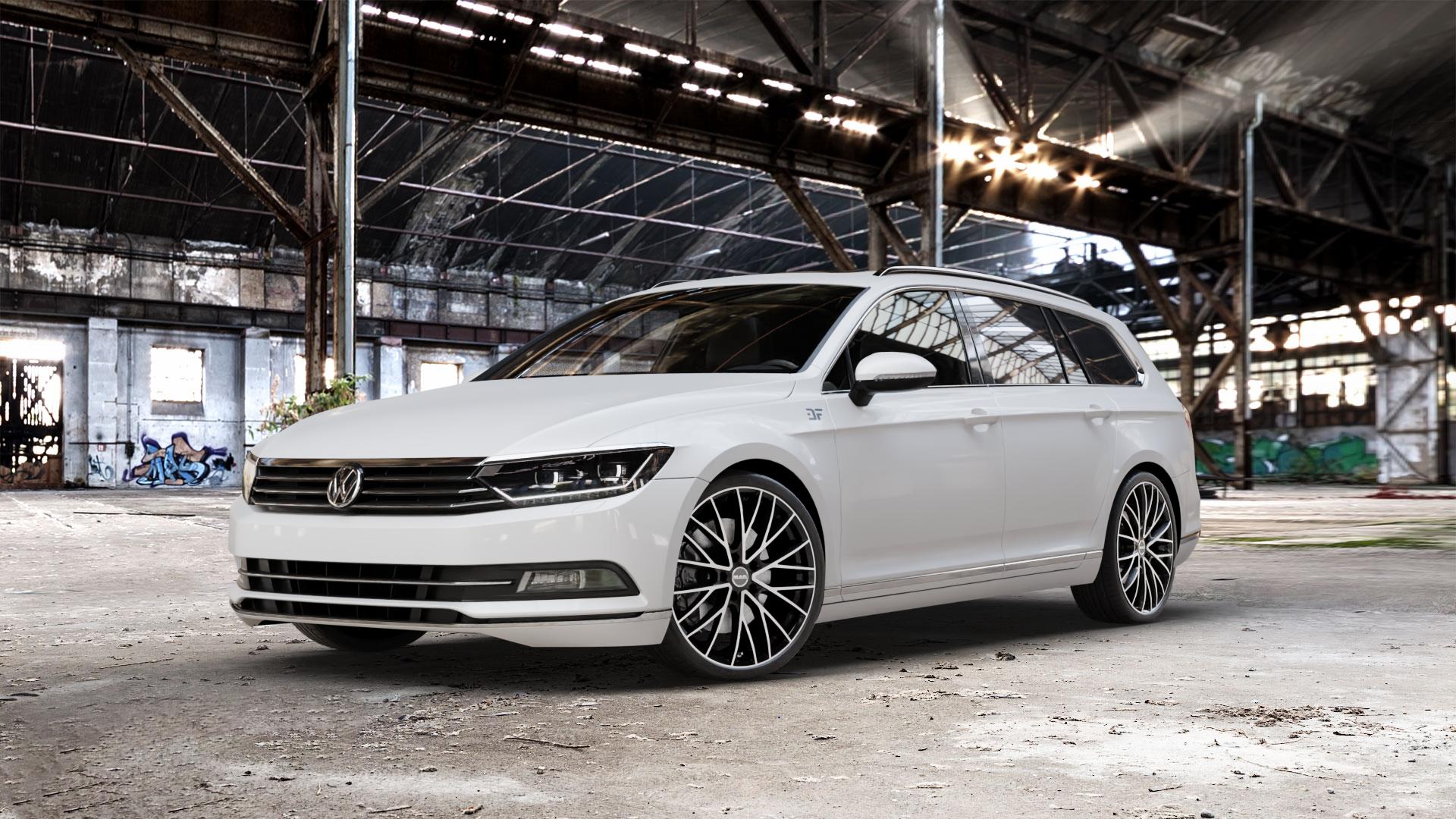 MAK Speciale Black Mirror Felge mit Reifen silber schwarz mehrfarbig in 20Zoll Alufelge auf weissem Volkswagen (VW) Passat 3C/B8 Limousine Variant ⬇️ mit 15mm Tieferlegung ⬇️ Old Industrial Hall_max_5300mm_2024 Frontansicht_1