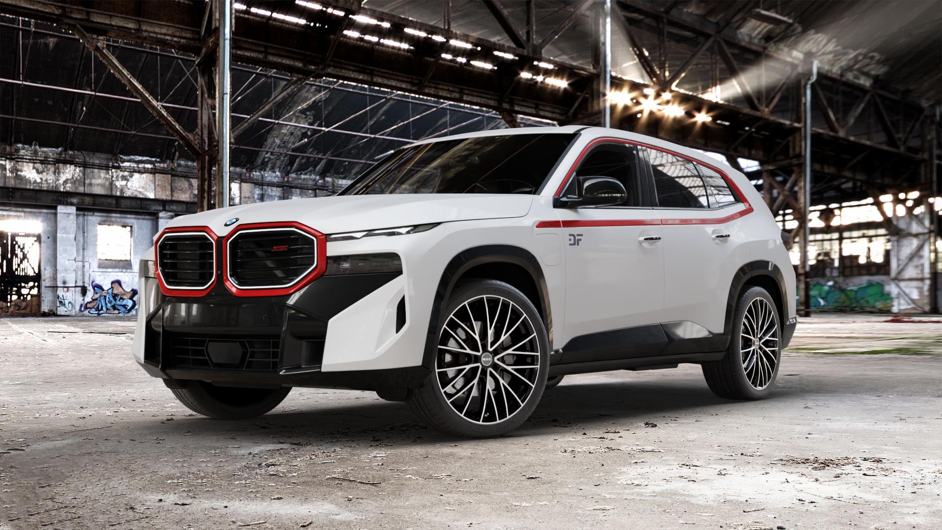 MAK Speciale Black Mirror Felge mit Reifen silber schwarz mehrfarbig in 22Zoll Alufelge auf weissem BMW XM Typ G09 (F56XM) 4,4l Label 430kW Hybrid (585 PS) ⬇️ mit 15mm Tieferlegung ⬇️ Old Industrial Hall_max_5300mm_2024 Frontansicht_1
