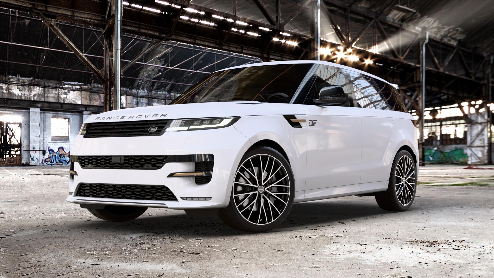 MAK Speciale Black Mirror Felge mit Reifen silber schwarz mehrfarbig in 23Zoll Alufelge auf weissem Land Rover Range Sport Typ LS LW Facelift L1 ⬇️ mit 15mm Tieferlegung ⬇️ Old Industrial Hall_max_5300mm_2024 Frontansicht_1