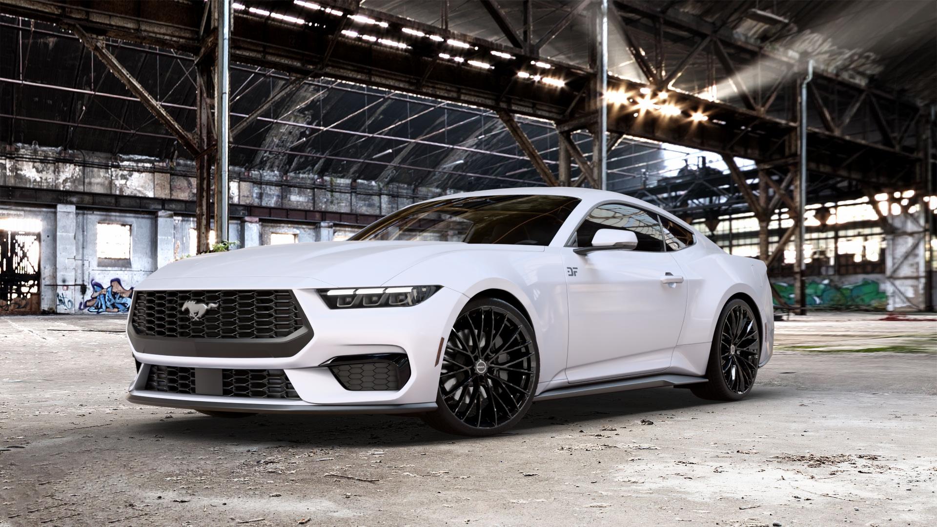 MAK SPECIALE-D Gloss Black Felge mit Reifen schwarz in 21Zoll Winterfelge Alufelge auf weißem Ford Mustang VII Coupe Typ LAE ⬇️ mit 15mm Tieferlegung ⬇️ Old Industrial Hall_max_5300mm_2024 Frontansicht_1