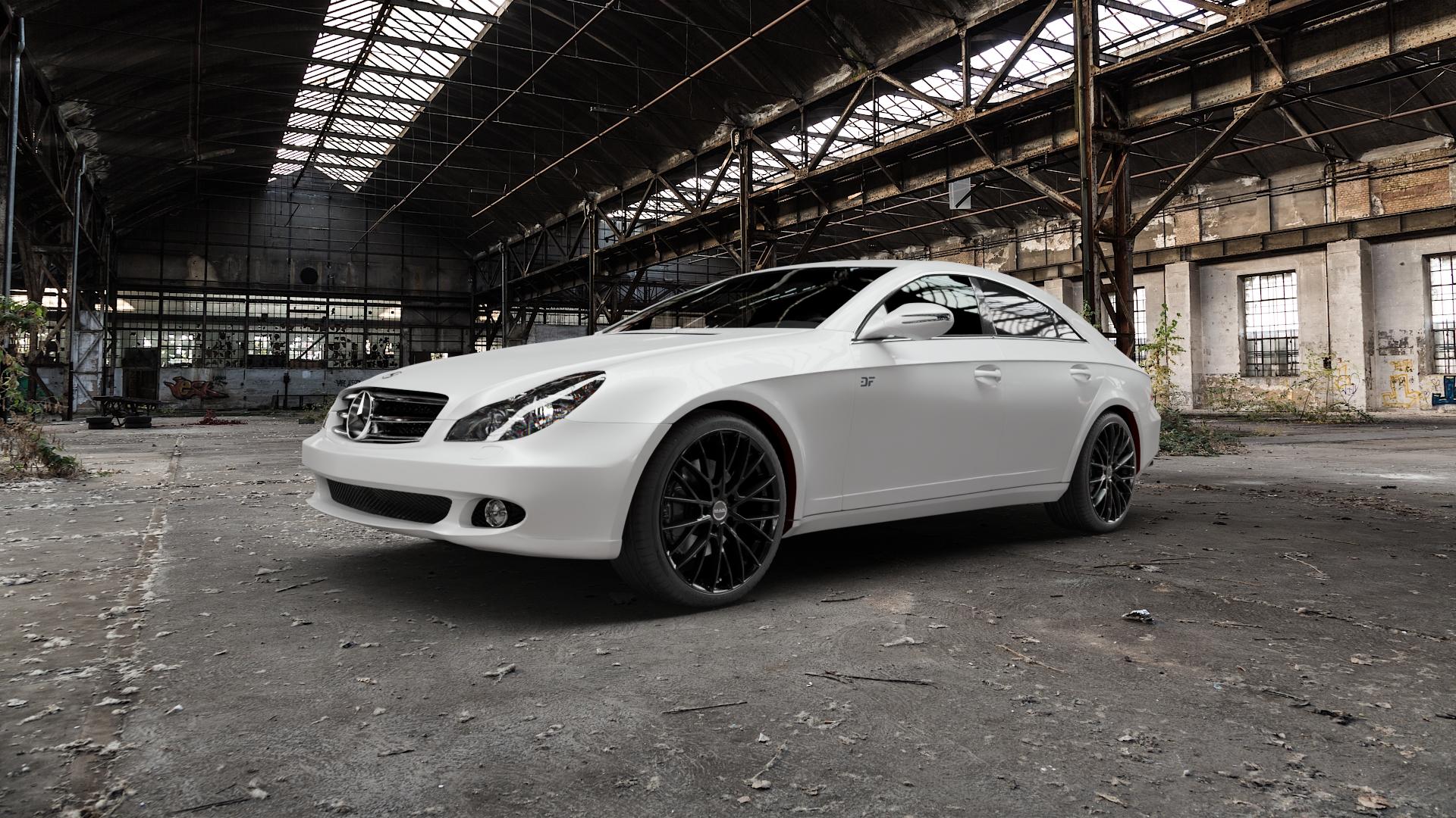 MAK Speciale Gloss Black Felge mit Reifen schwarz in 19Zoll Winterfelge Alufelge auf weissem Mercedes CLS Typ C219 ⬇️ mit 15mm Tieferlegung ⬇️ Old Industrial Hall_max5000mm_2022 Frontansicht_1