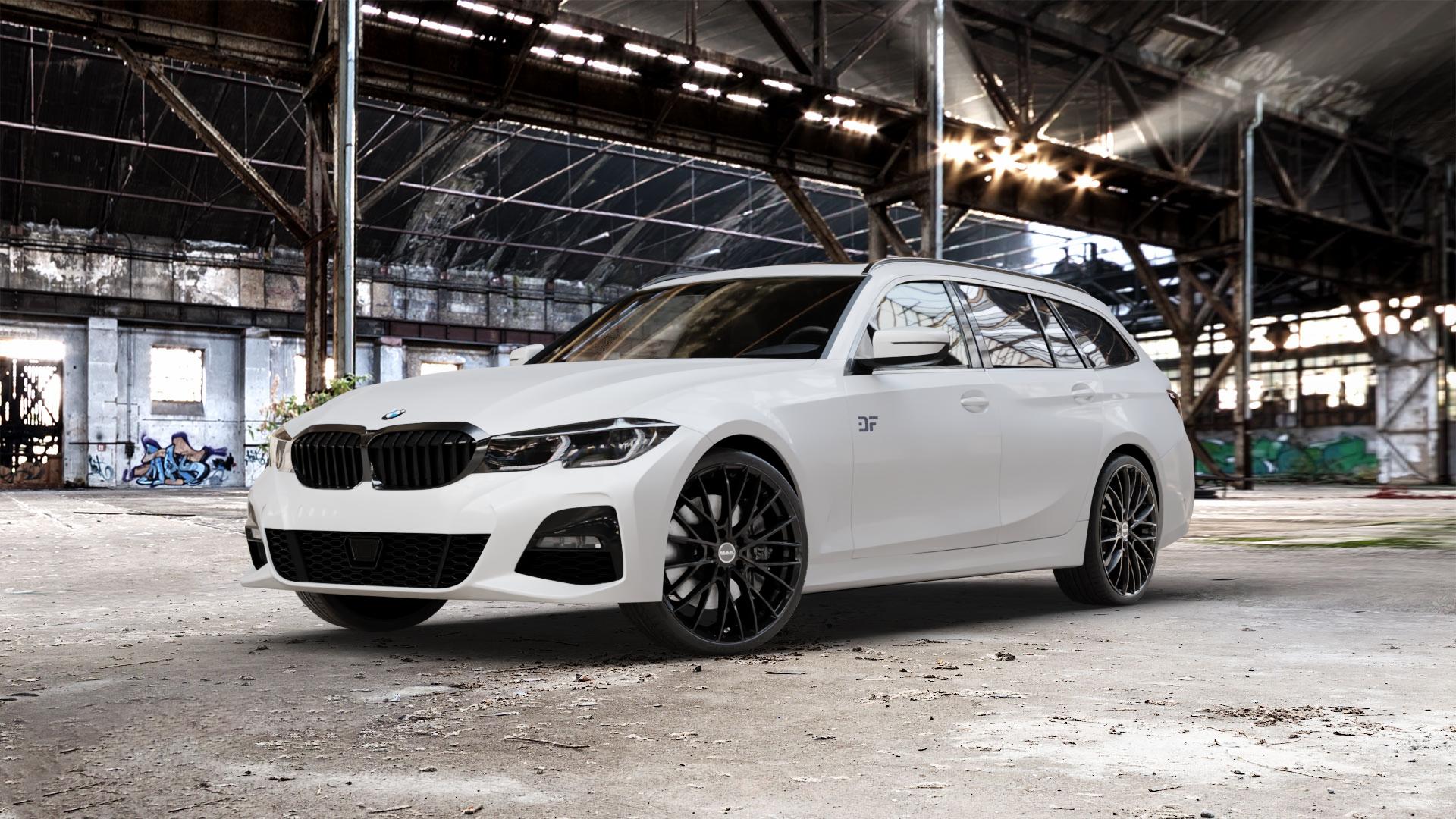 MAK Speciale Gloss Black Felge mit Reifen schwarz in 20Zoll Winterfelge Alufelge auf weissem BMW 3er G21 Touring (G3K) ⬇️ mit 15mm Tieferlegung ⬇️ Old Industrial Hall_max_5300mm_2024 Frontansicht_1
