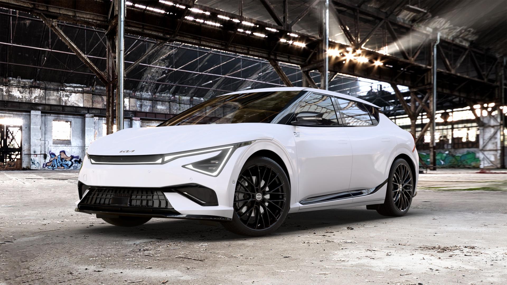 MAK Speciale Gloss Black Felge mit Reifen schwarz in 21Zoll Winterfelge Alufelge auf weissem Kia EV6 Typ CV Facelift 0,0l GT AWD 159kW (216 PS) ⬇️ mit 15mm Tieferlegung ⬇️ Old Industrial Hall_max_5300mm_2024 Frontansicht_1