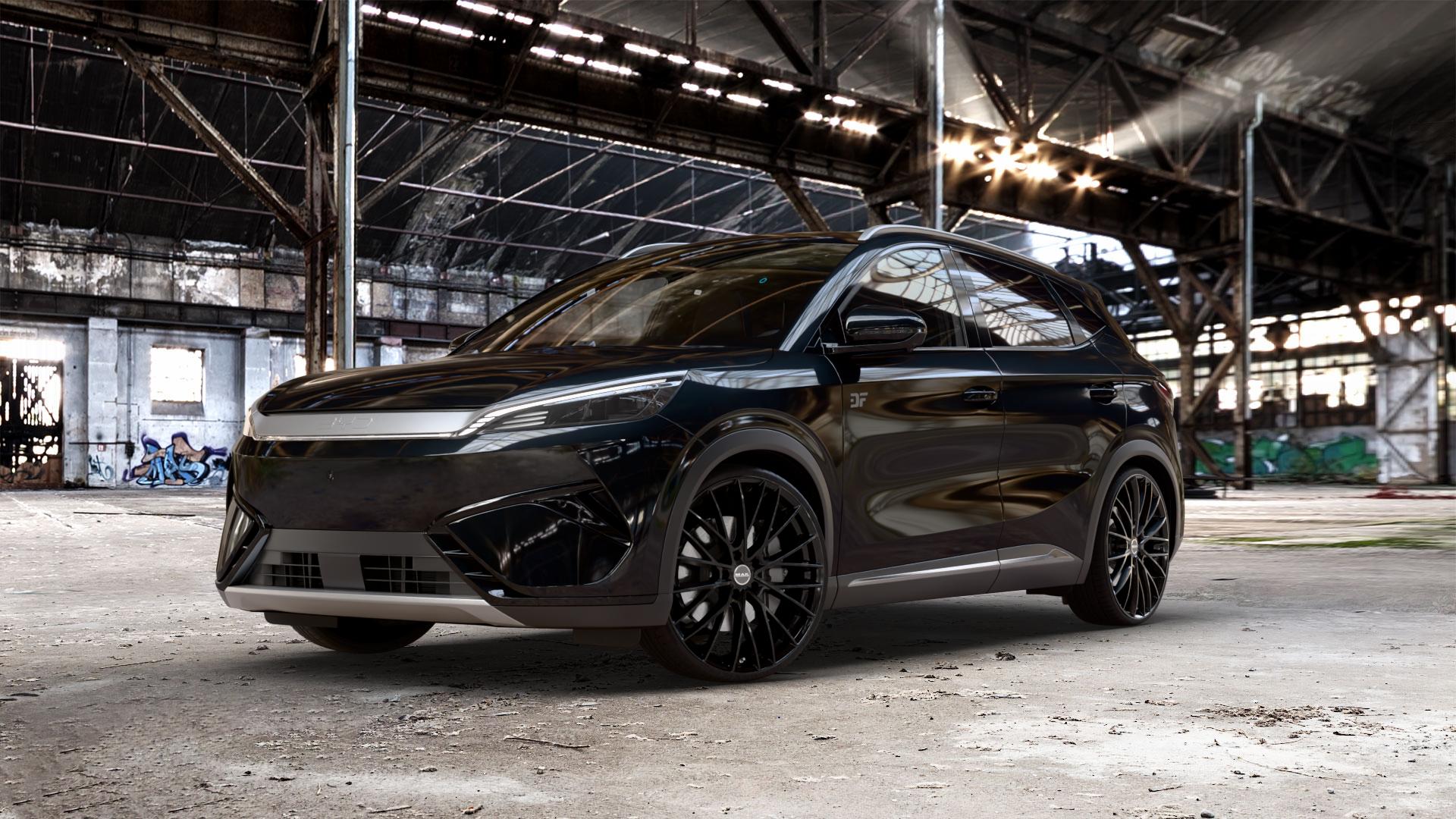 MAK Speciale Gloss Black Felge mit Reifen schwarz in 22Zoll Winterfelge Alufelge auf metallic schwarzem BYD Atto 3 Evo Typ SC2E ⬇️ mit 15mm Tieferlegung ⬇️ Old Industrial Hall_max_5300mm_2024 Frontansicht_1