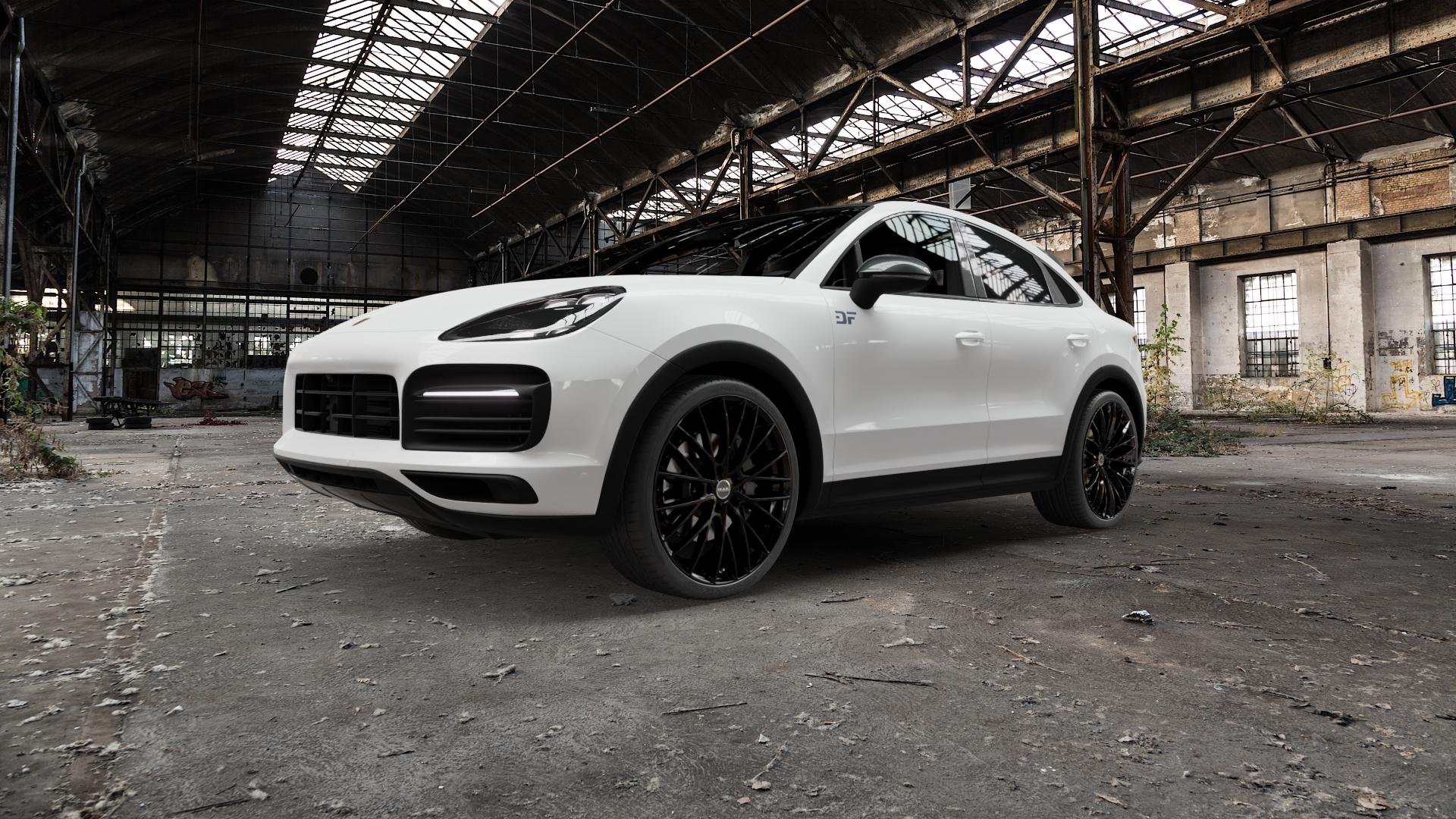 MAK Speciale Gloss Black Felge mit Reifen schwarz in 22Zoll Winterfelge Alufelge auf weissem Porsche Cayenne III Coupe Typ 9YA ⬇️ mit 15mm Tieferlegung ⬇️ Old Industrial Hall_max5000mm_2022 Frontansicht_1