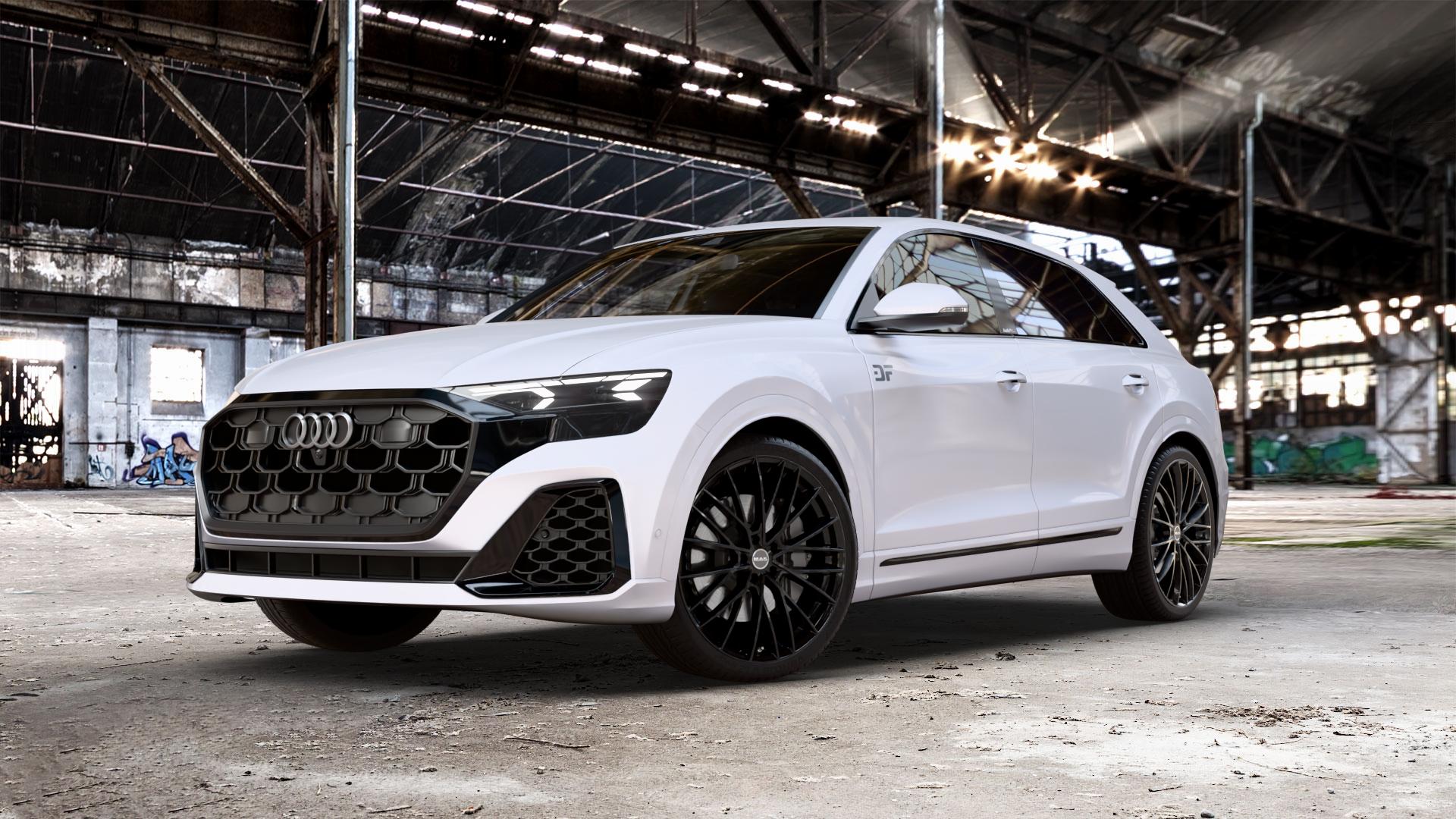 MAK Speciale Gloss Black Felge mit Reifen schwarz in 23Zoll Winterfelge Alufelge auf weißem Audi Q8 Typ 4M (4L) Facelift ⬇️ mit 15mm Tieferlegung ⬇️ Old Industrial Hall_max_5300mm_2024 Frontansicht_1