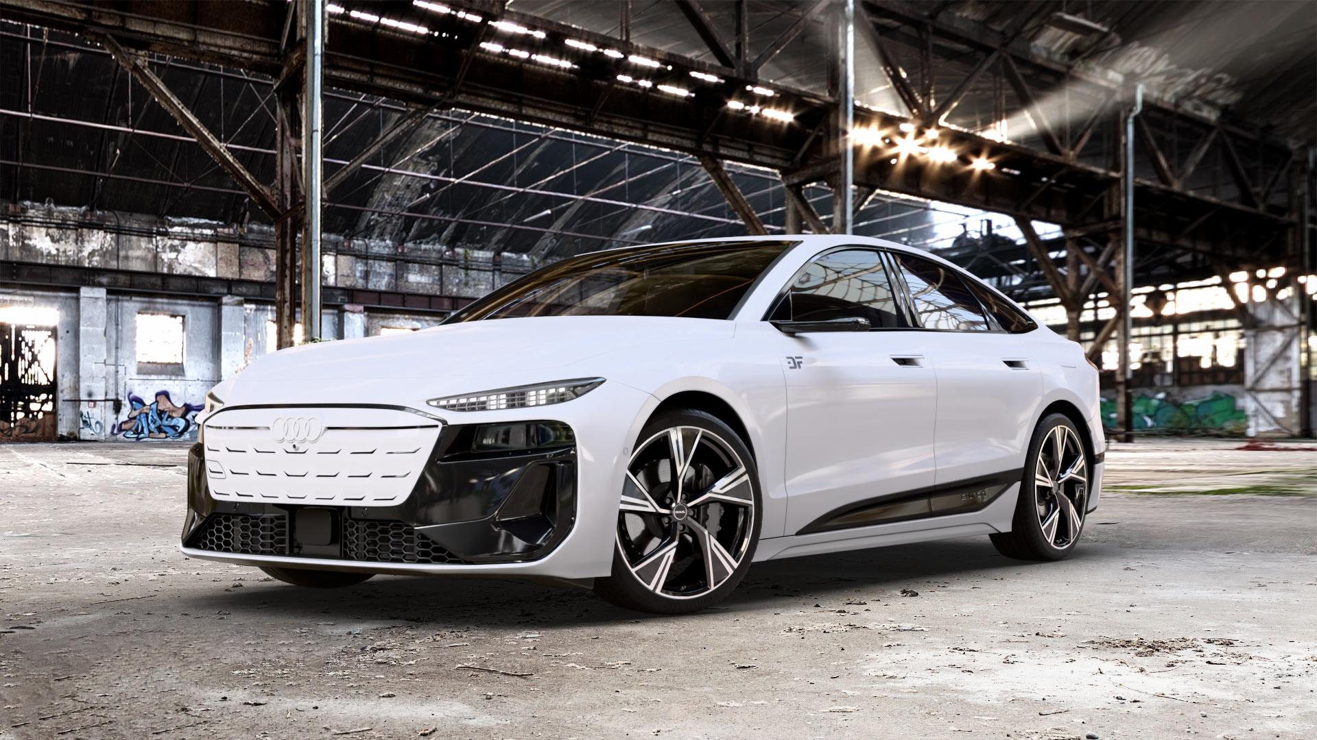 MAK Stark Black Mirror Felge mit Reifen schwarz in 21Zoll Alufelge auf weissem Audi A6 e-tron Typ GH (Sportback) 0,0l 100kW (136 PS) performance 120kW (163 quattro 138kW (188 S6 ⬇️ mit 15mm Tieferlegung ⬇️ Old Industrial Hall_max_5300mm_2024 Frontansicht_1