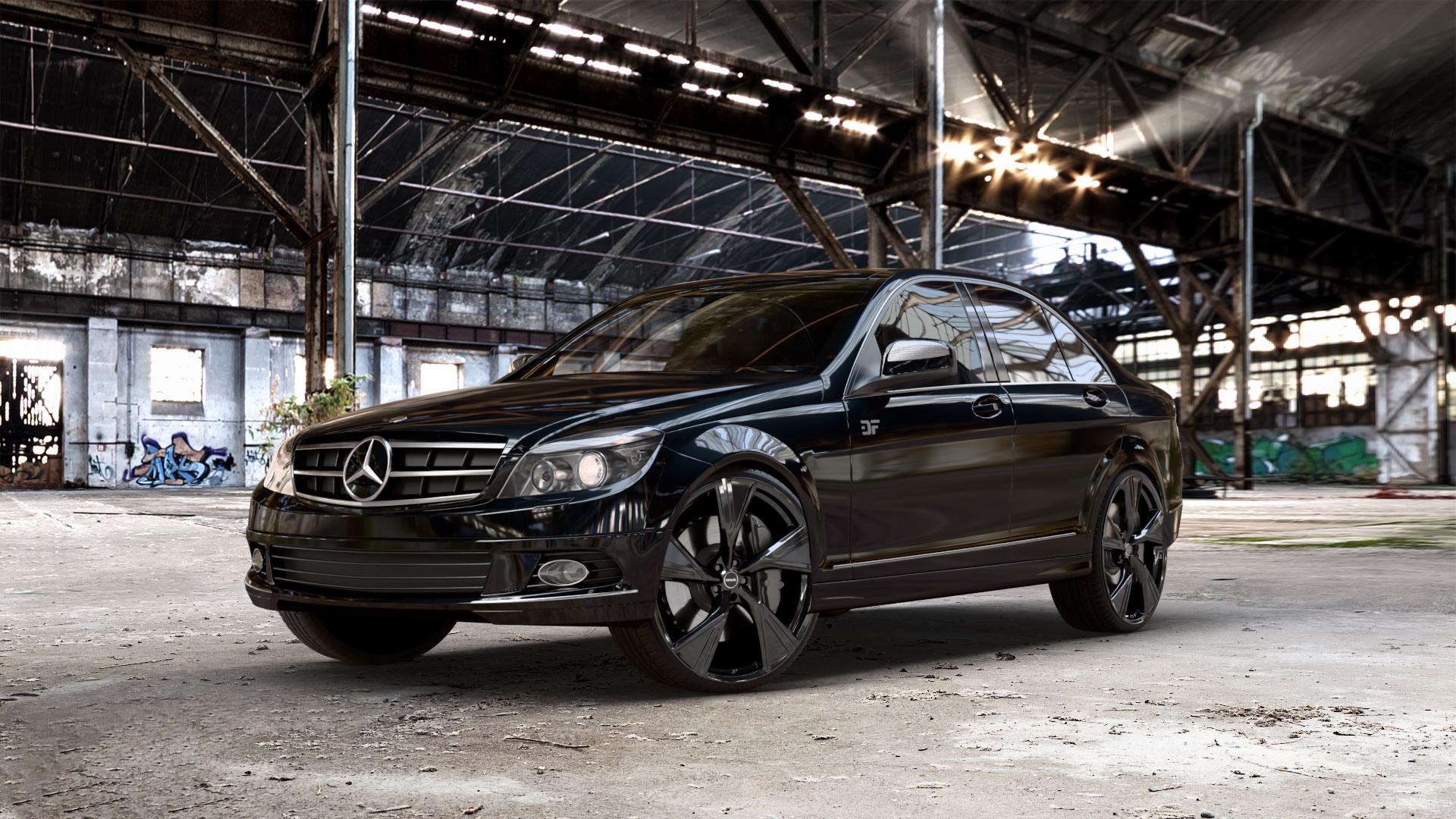 MAK Stark Gloss Black Felge mit Reifen schwarz in 23Zoll Winterfelge Alufelge auf schwarzem metallic Mercedes C-Klasse Typ W204 Limousine ⬇️ mit 15mm Tieferlegung ⬇️ Old Industrial Hall_max_5300mm_2024 Frontansicht_1