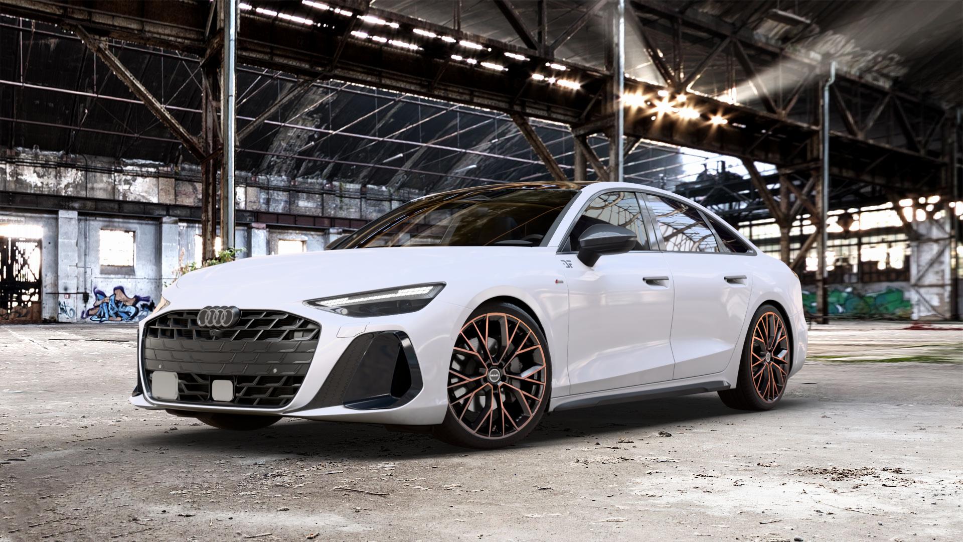 MAK Stilo Black & Bronze Felge mit Reifen schwarz in 21Zoll Winterfelge Alufelge auf weissem Audi A6 Typ F2/C9 (Limousine) 2,0l TDI 150kW Mild-Hybrid (204 PS) 120kW (163 Quattro TFSI 195kW (265 TSI 3,0l 210kW (286 180kW (245 270kW (367 250kW (340 E 185kW ⬇️ mit 15mm Tieferlegung ⬇️ Old Industrial Hall_max_5300mm_2024 Frontansicht_1