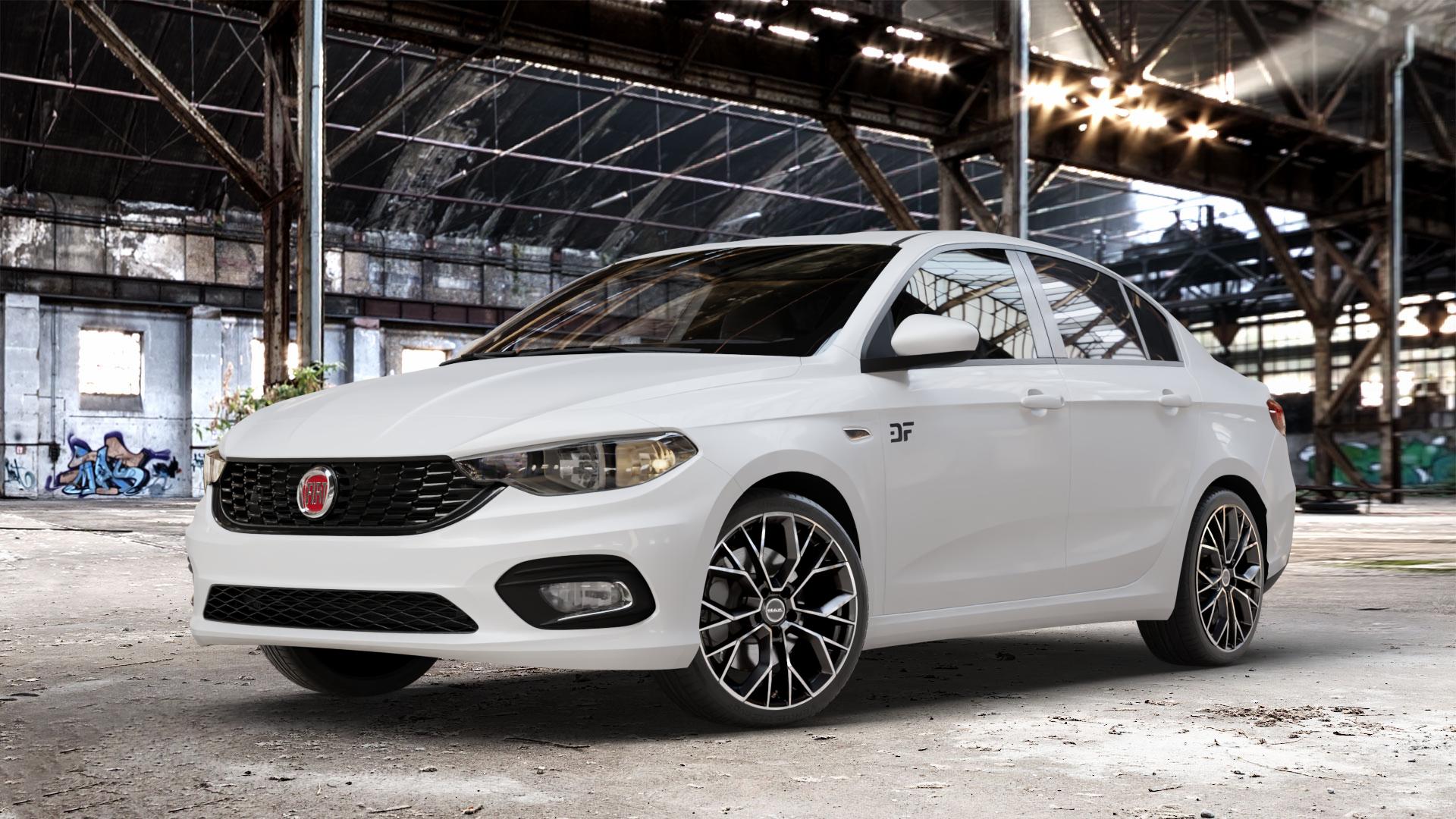 MAK Stilo Black Mirror Felge mit Reifen schwarz in 18Zoll Alufelge auf weissem Fiat Tipo II Limousine Typ 356 ⬇️ mit 15mm Tieferlegung ⬇️ Old Industrial Hall_max_4400mm_2024 Frontansicht_1