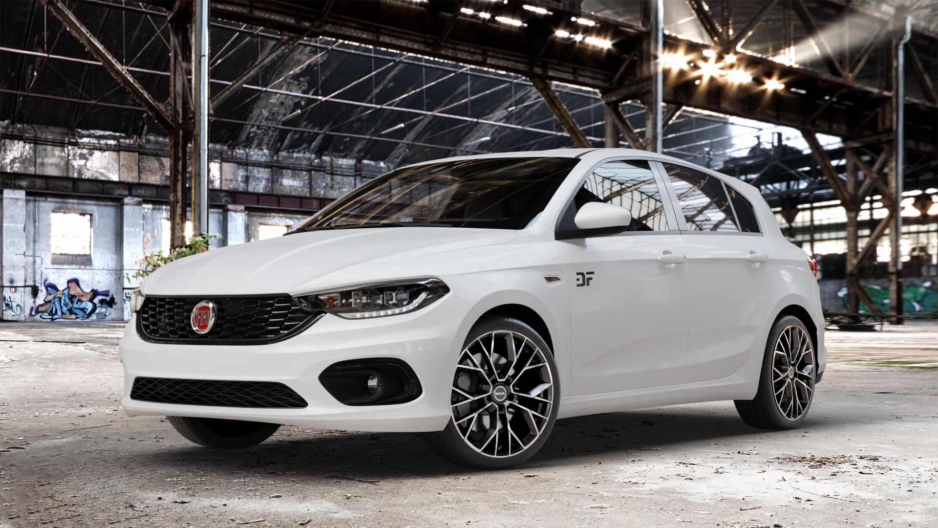 MAK Stilo Black Mirror Felge mit Reifen schwarz in 18Zoll Alufelge auf weissem Fiat Tipo II Schrägheck Typ 356 ⬇️ mit 15mm Tieferlegung ⬇️ Old Industrial Hall_max_4400mm_2024 Frontansicht_1