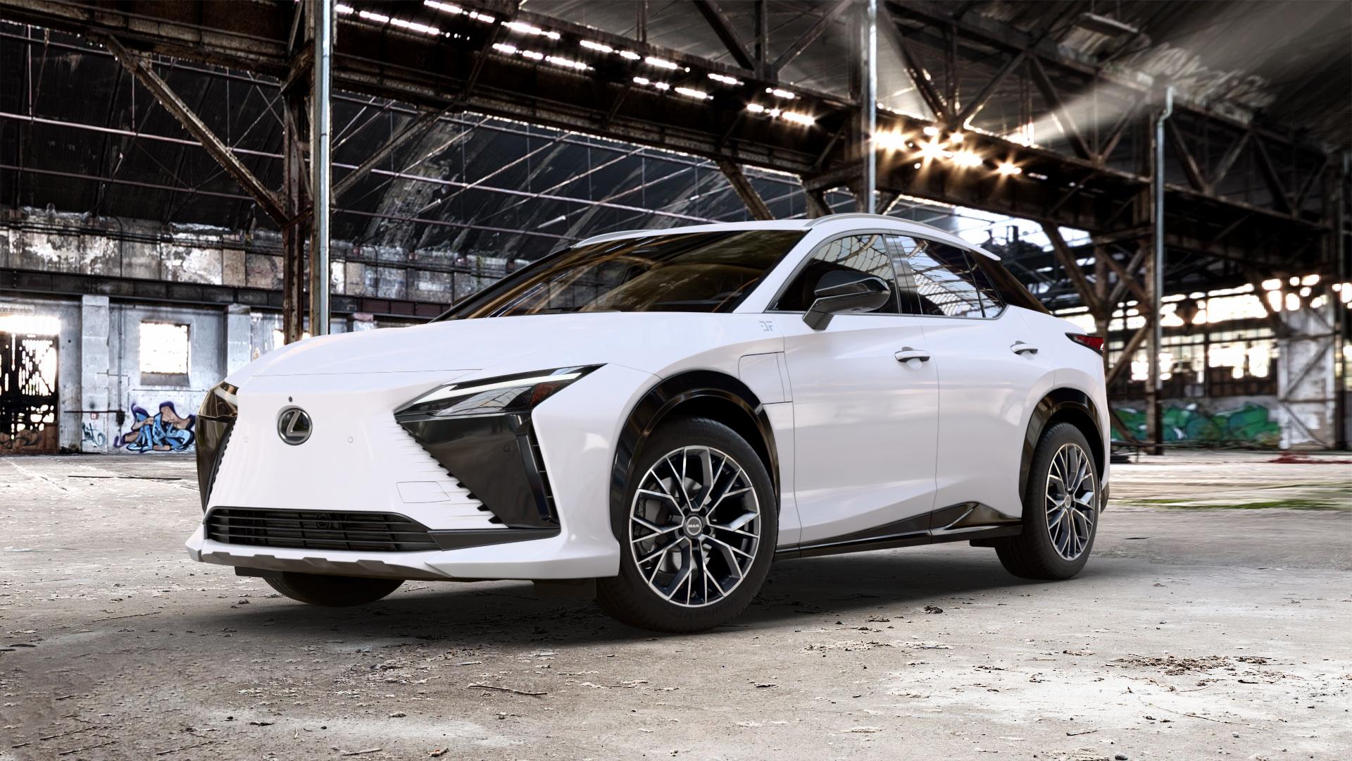 MAK Stilo Black Mirror Felge mit Reifen schwarz in 19Zoll Alufelge auf weissem Lexus RZ Typ EBM1(M) ⬇️ mit 15mm Tieferlegung ⬇️ Old Industrial Hall_max_5300mm_2024 Frontansicht_1