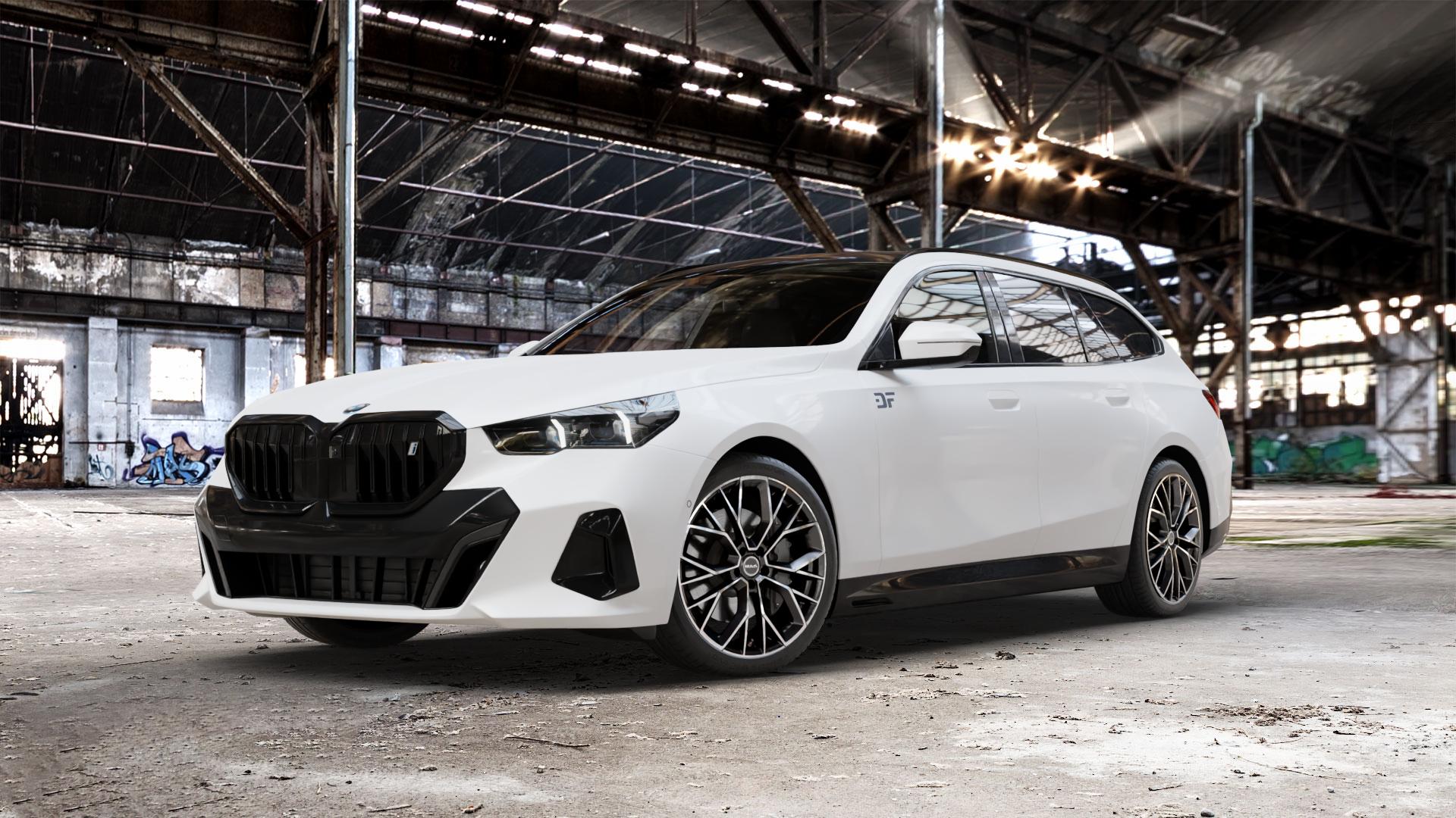 MAK Stilo Black Mirror Felge mit Reifen schwarz in 20Zoll Alufelge auf weissem BMW i5 Touring (G6E) 0,0l M60 xDrive 127kW (173 PS) ⬇️ mit 15mm Tieferlegung ⬇️ Old Industrial Hall_max_5300mm_2024 Frontansicht_1