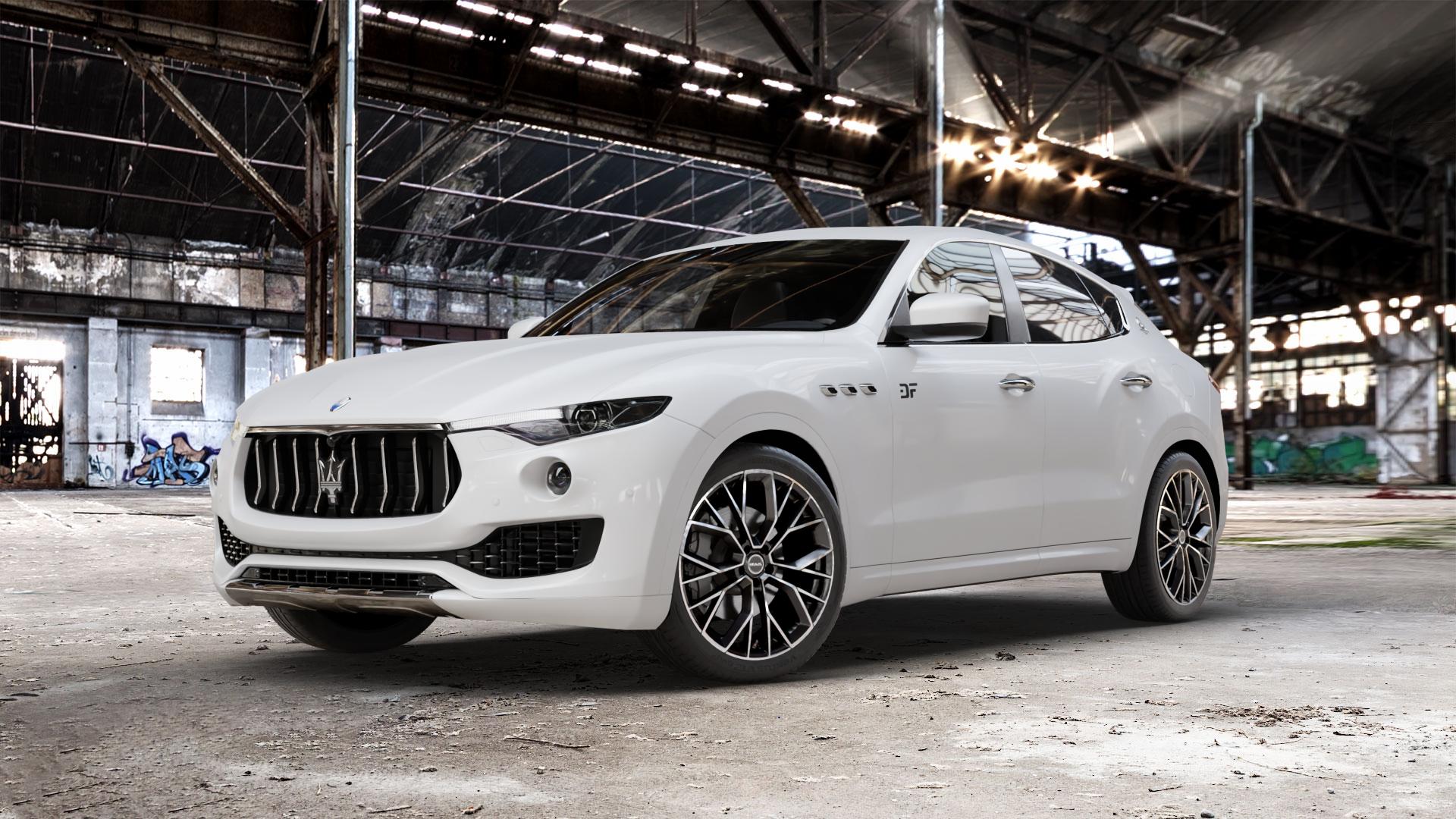 MAK Stilo Black Mirror Felge mit Reifen schwarz in 21Zoll Alufelge auf weissem Maserati Levante Typ M156 ⬇️ mit 15mm Tieferlegung ⬇️ Old Industrial Hall_max_5300mm_2024 Frontansicht_1