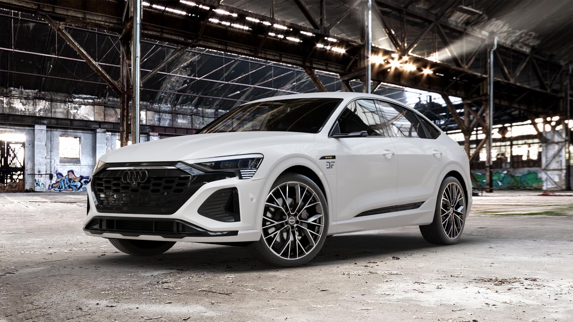MAK Stilo Black Mirror Felge mit Reifen schwarz in 22Zoll Alufelge auf weissem Audi Q8 Sportback Typ GE ⬇️ mit 15mm Tieferlegung ⬇️ Old Industrial Hall_max_5300mm_2024 Frontansicht_1