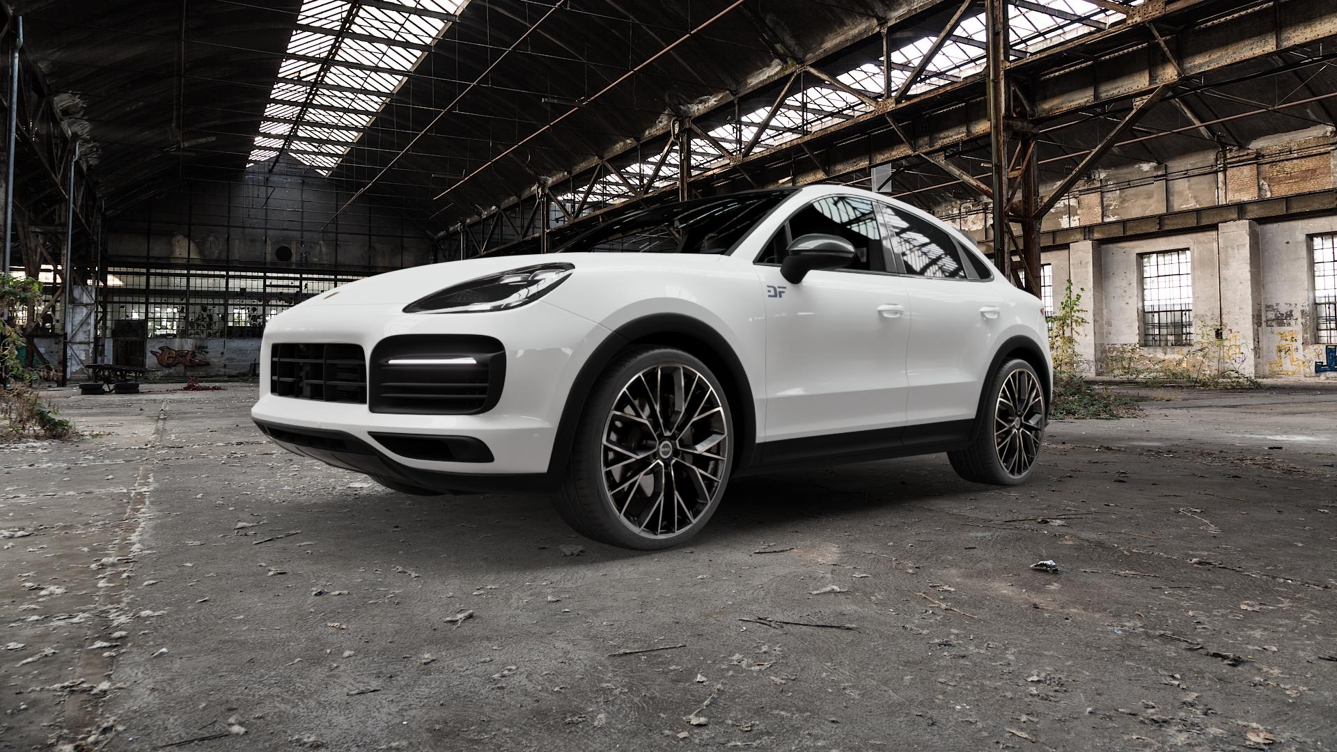 MAK Stilo Black Mirror Felge mit Reifen schwarz in 22Zoll Alufelge auf weissem Porsche Cayenne III Coupe Typ 9YA ⬇️ mit 15mm Tieferlegung ⬇️ Old Industrial Hall_max5000mm_2022 Frontansicht_1