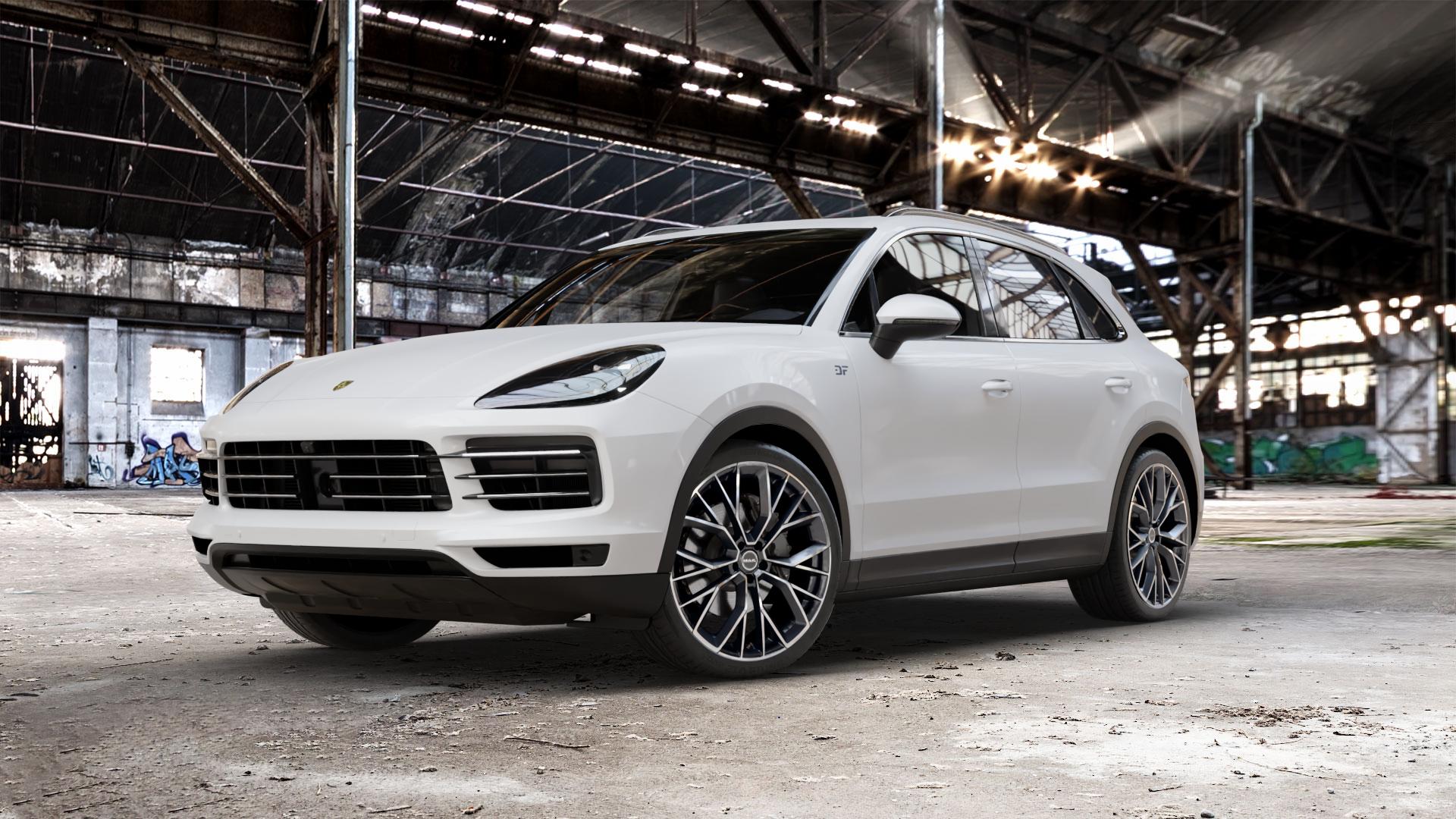 MAK Stilo Black Mirror Felge mit Reifen schwarz in 22Zoll Alufelge auf weissem Porsche Cayenne III Typ 9YA ⬇️ mit 15mm Tieferlegung ⬇️ Old Industrial Hall_max_5300mm_2024 Frontansicht_1