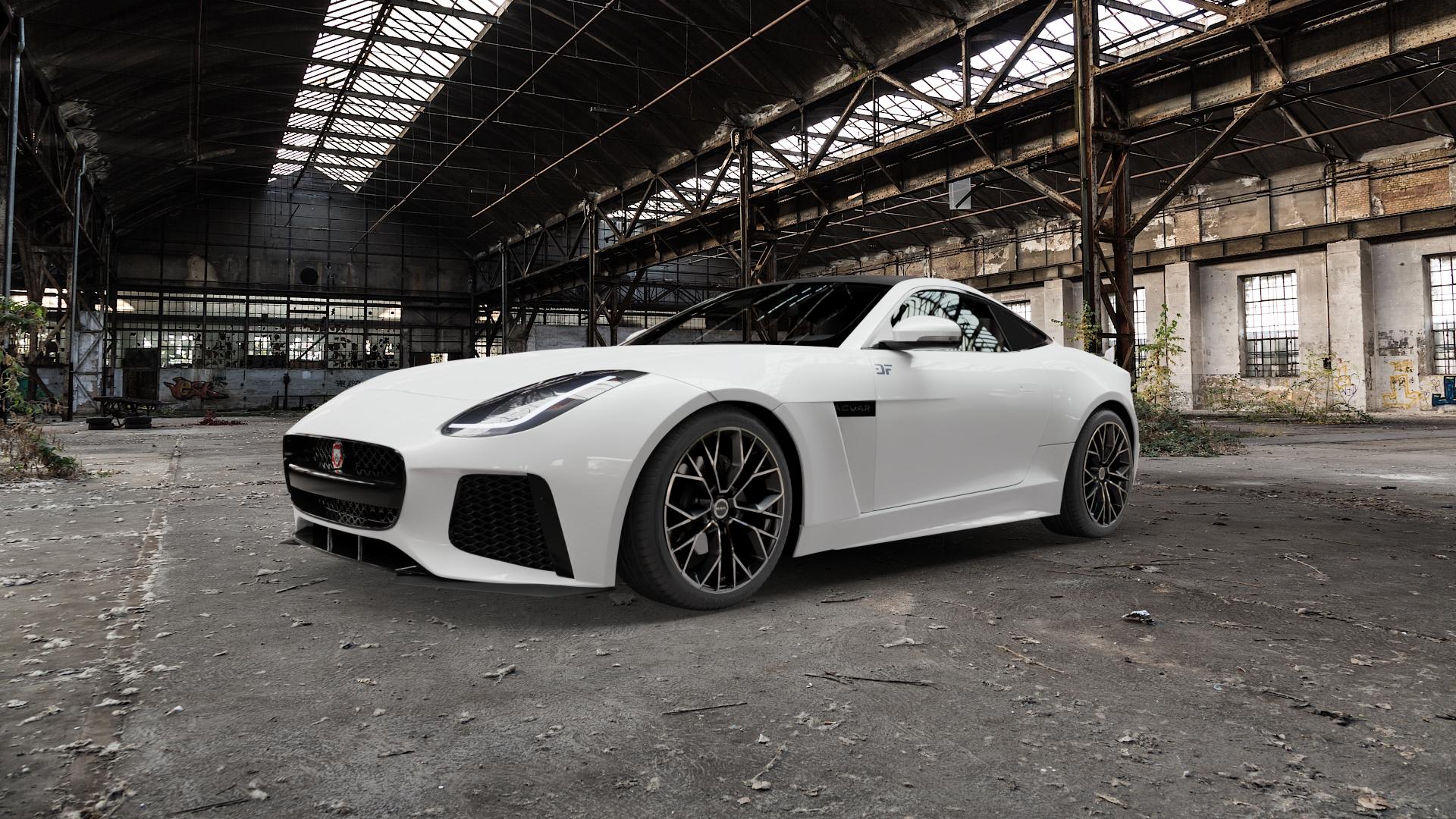 MAK Stilo-D Black Mirror Felge mit Reifen silber schwarz mehrfarbig in 19Zoll Alufelge auf weissem Jaguar F-Type Coupe Typ QQ6 ⬇️ mit 15mm Tieferlegung ⬇️ Old Industrial Hall_max5000mm_2022 Frontansicht_1