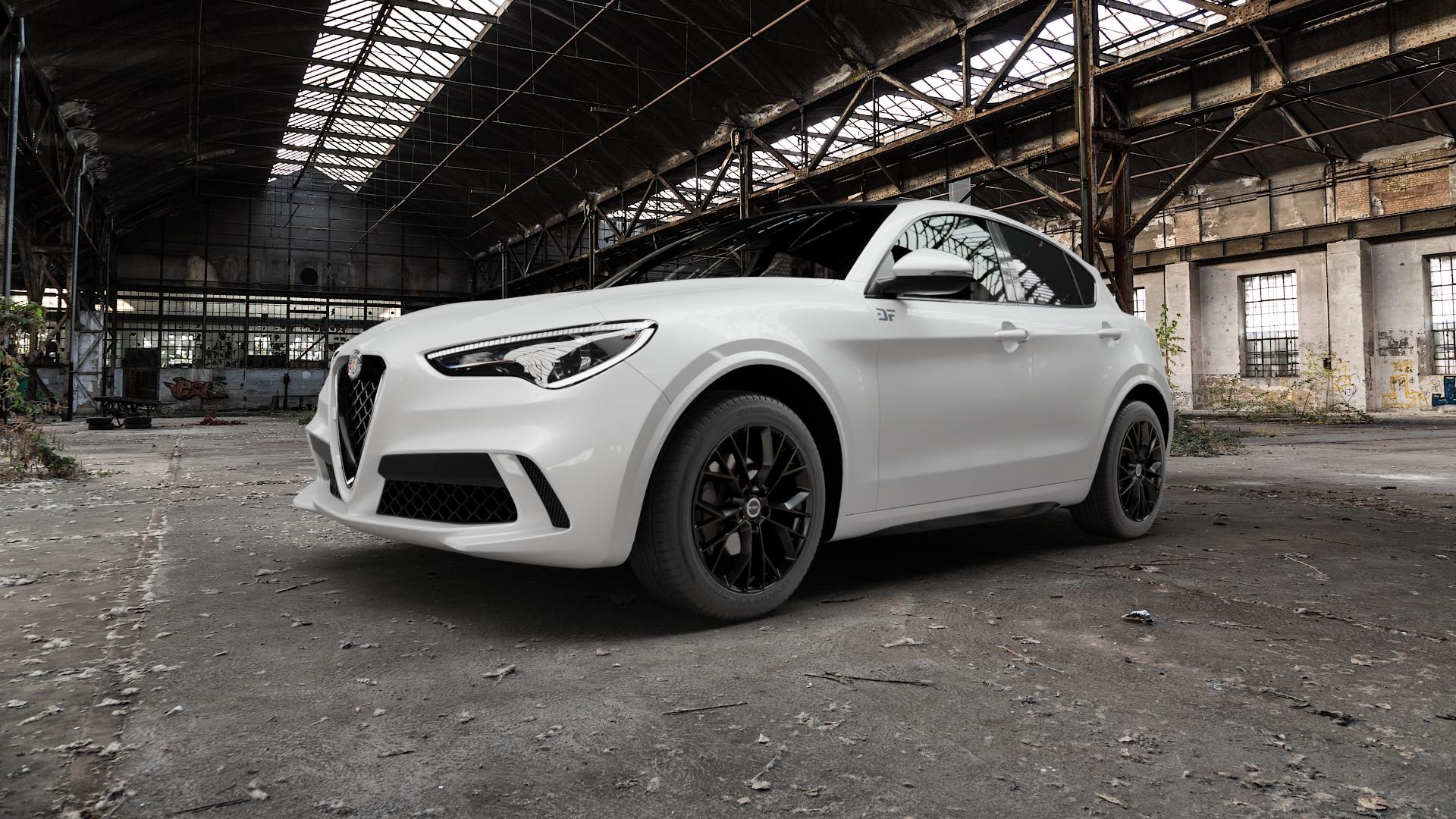 MAK Stilo Gloss Black Felge mit Reifen schwarz in 19Zoll Winterfelge Alufelge auf weissem Alfa Romeo Stelvio Typ 949 ⬇️ mit 15mm Tieferlegung ⬇️ Old Industrial Hall_max5000mm_2022 Frontansicht_1
