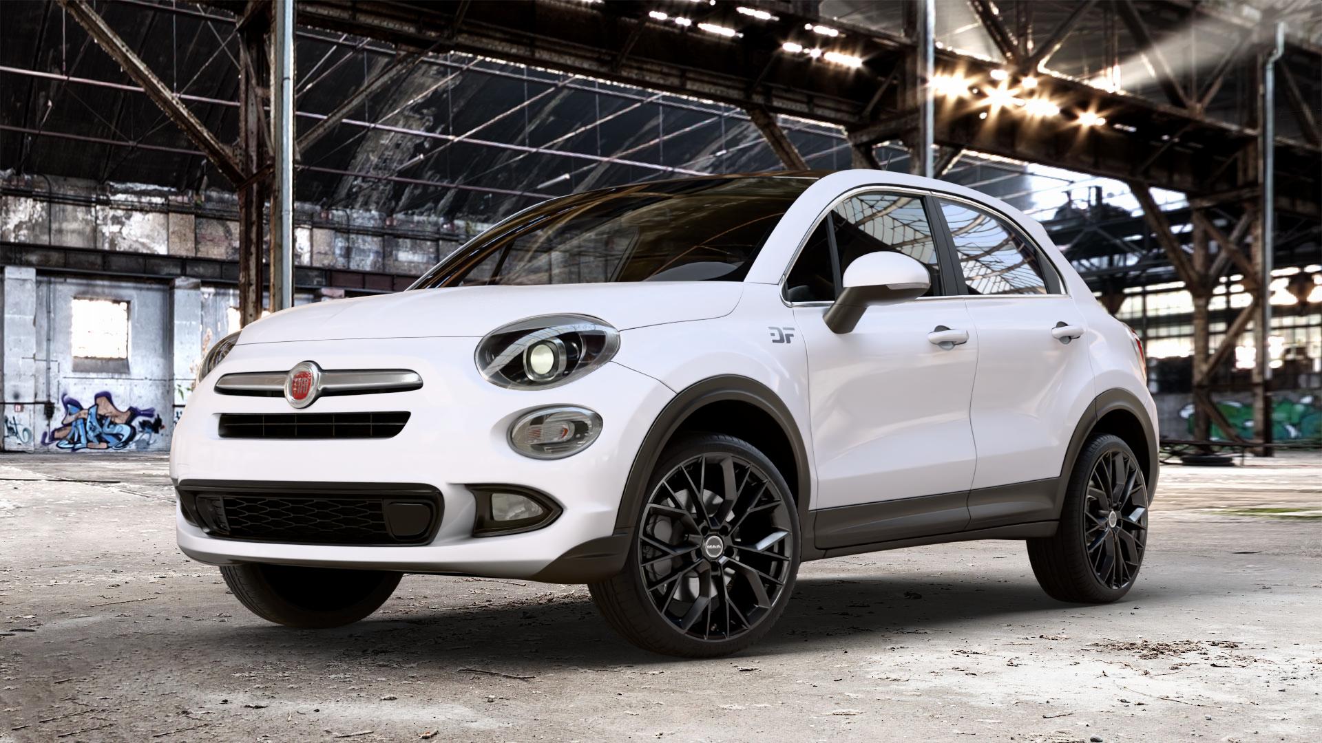 MAK Stilo Gloss Black Felge mit Reifen schwarz in 19Zoll Winterfelge Alufelge auf weissem Fiat 500 X City Off-Road Typ 334 Facelift ⬇️ mit 15mm Tieferlegung ⬇️ Old Industrial Hall_max_4400mm_2024 Frontansicht_1