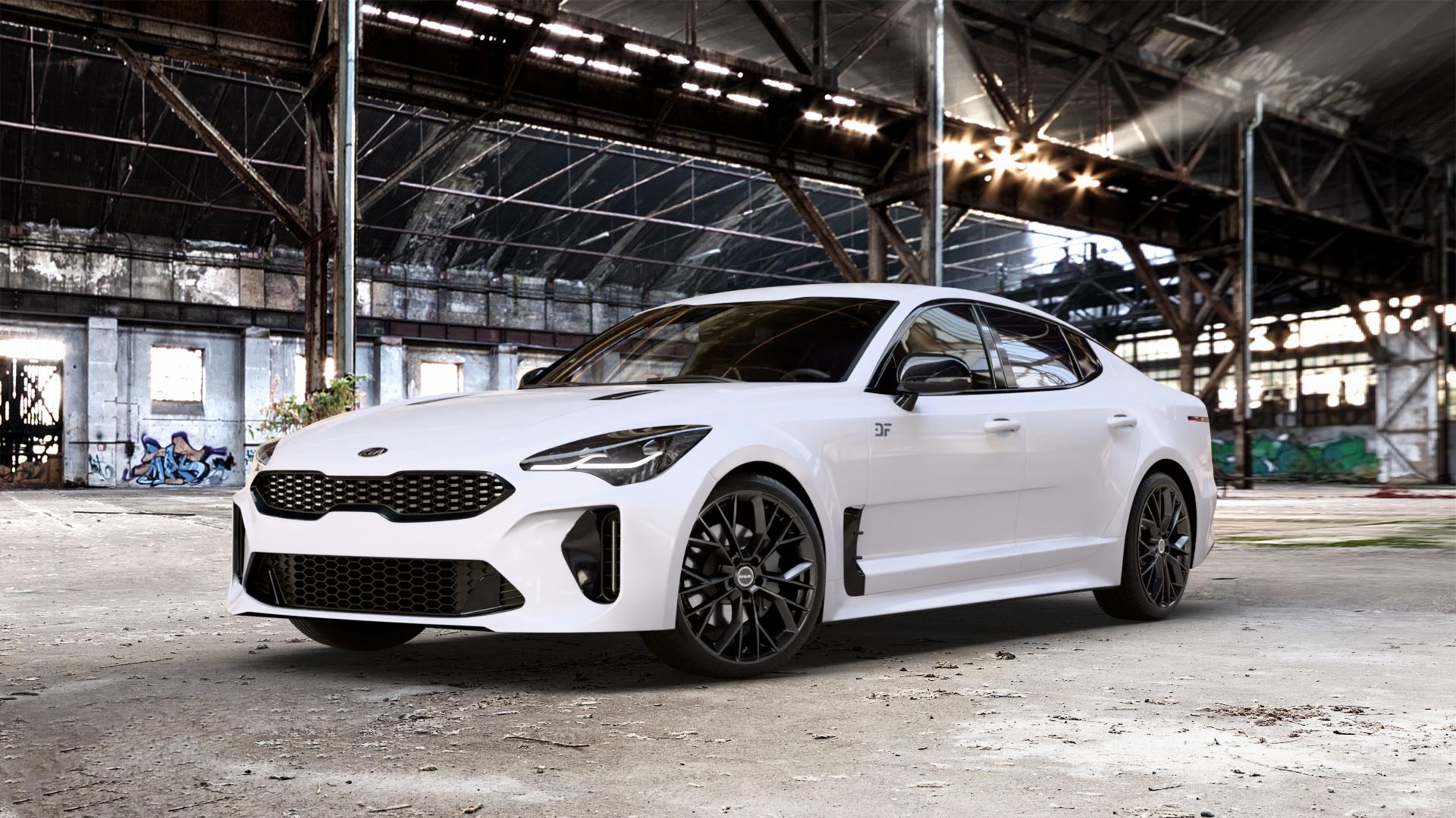 MAK Stilo Gloss Black Felge mit Reifen schwarz in 19Zoll Winterfelge Alufelge auf weissem Kia Stinger Typ CK ⬇️ mit 15mm Tieferlegung ⬇️ Old Industrial Hall_max_5300mm_2024 Frontansicht_1