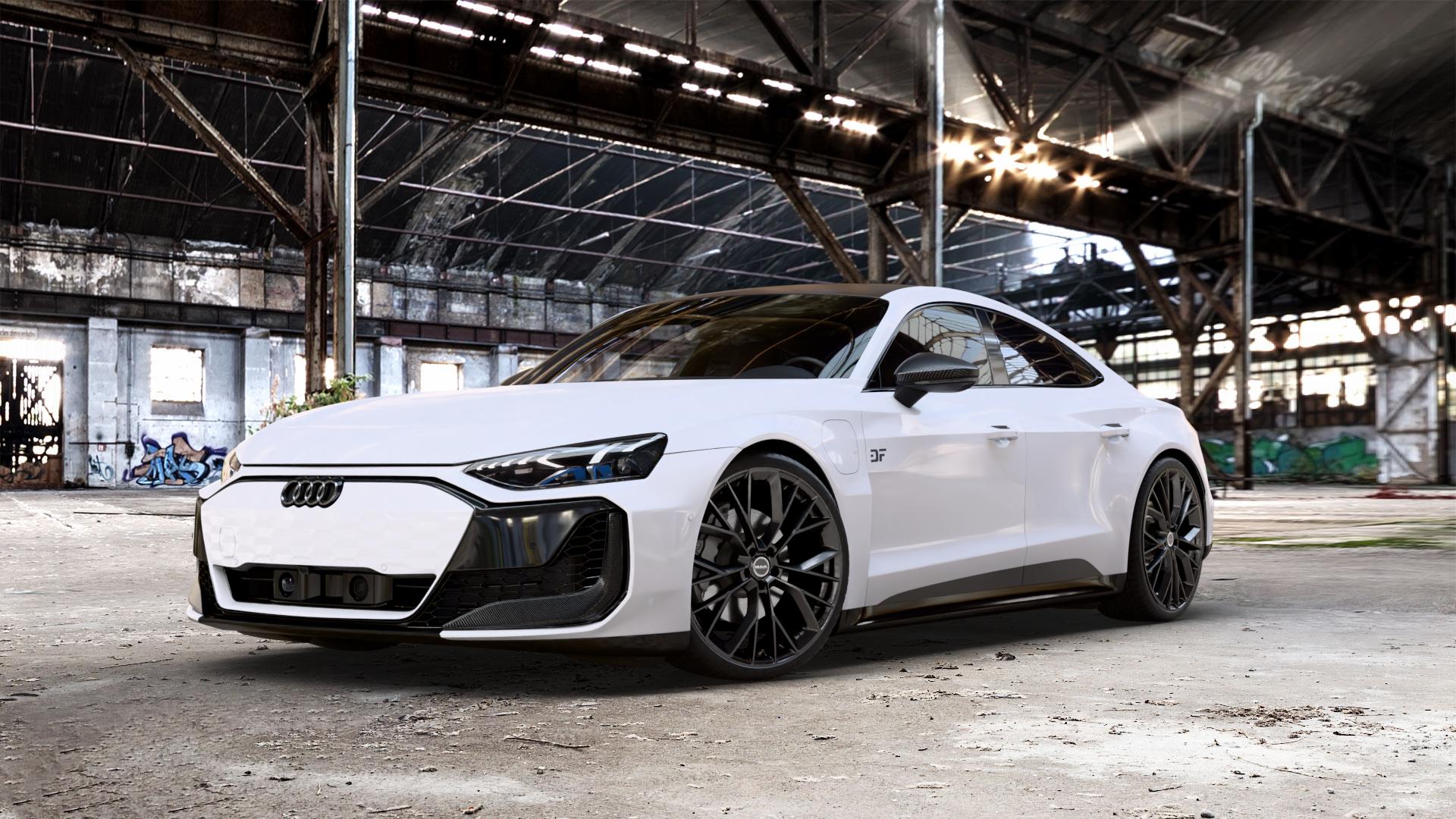MAK Stilo Gloss Black Felge mit Reifen schwarz in 22Zoll Winterfelge Alufelge auf weissem Audi RS E-Tron GT Performance Typ FW e-tron ⬇️ mit 15mm Tieferlegung ⬇️ Old Industrial Hall_max_5300mm_2024 Frontansicht_1