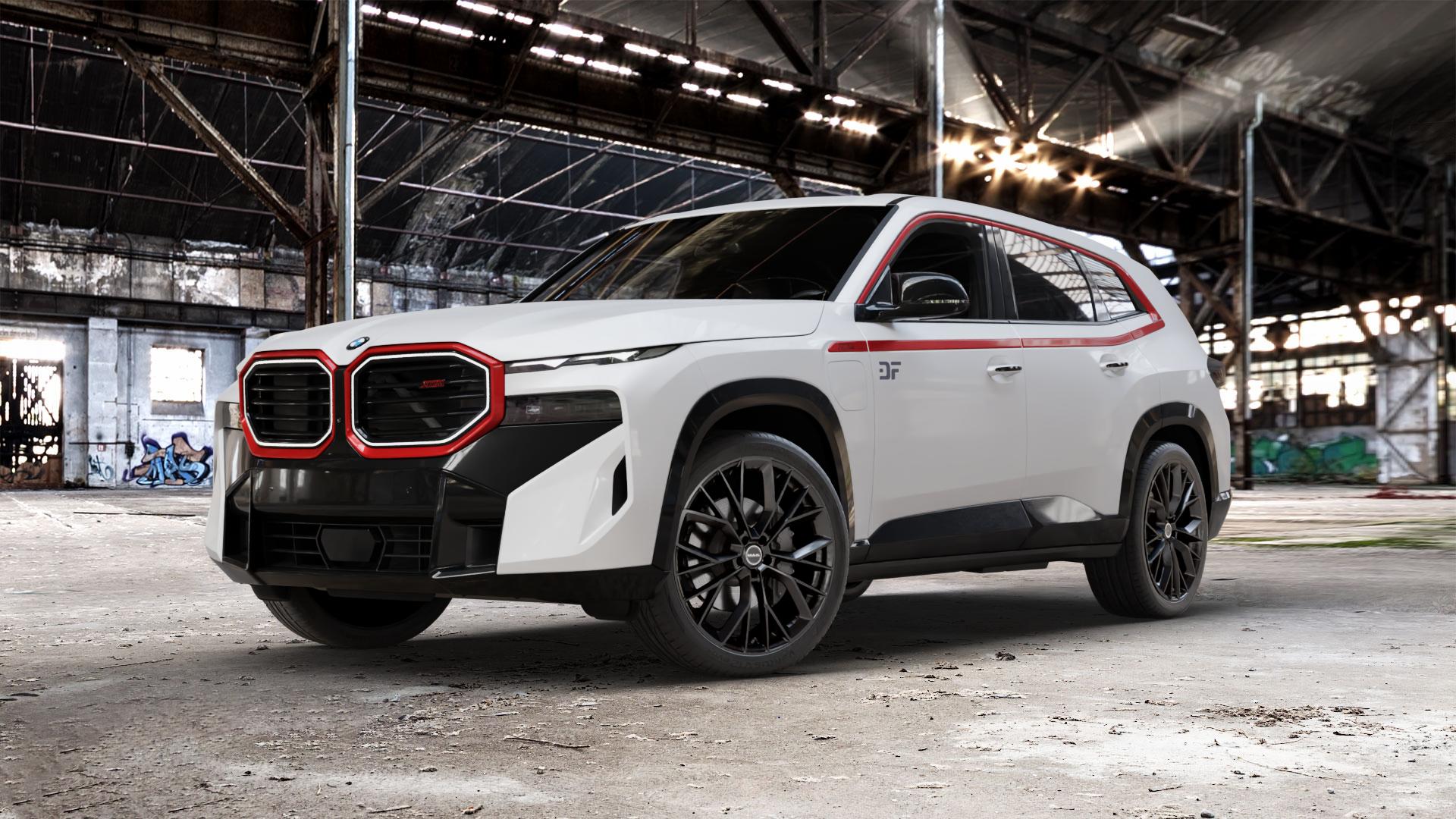 MAK Stilo Gloss Black Felge mit Reifen schwarz in 22Zoll Winterfelge Alufelge auf weissem BMW XM Typ G09 (F56XM) 4,4l Label 430kW Hybrid (585 PS) ⬇️ mit 15mm Tieferlegung ⬇️ Old Industrial Hall_max_5300mm_2024 Frontansicht_1