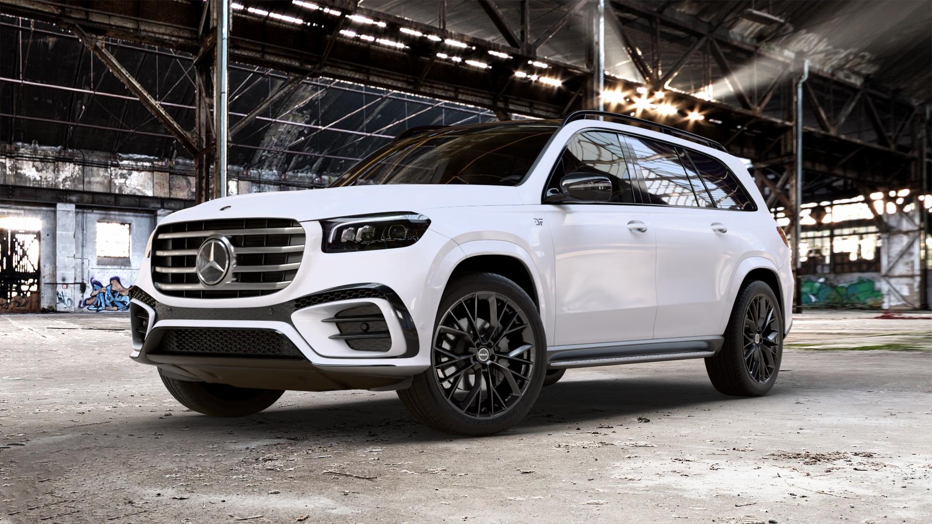 MAK Stilo Gloss Black Felge mit Reifen schwarz in 22Zoll Winterfelge Alufelge auf weissem Mercedes GLS-Klasse Typ 167 (H1GLE) Facelift ⬇️ mit 15mm Tieferlegung ⬇️ Old Industrial Hall_max_5300mm_2024 Frontansicht_1