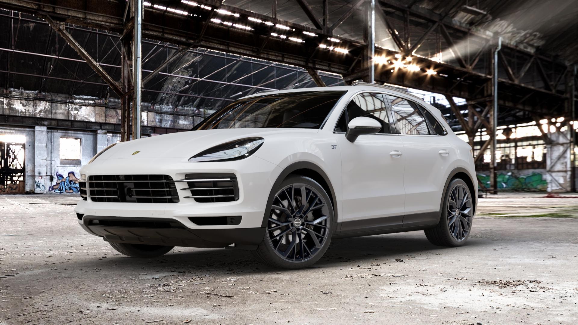 MAK Stilo Gloss Black Felge mit Reifen schwarz in 22Zoll Winterfelge Alufelge auf weissem Porsche Cayenne III Typ 9YA ⬇️ mit 15mm Tieferlegung ⬇️ Old Industrial Hall_max_5300mm_2024 Frontansicht_1