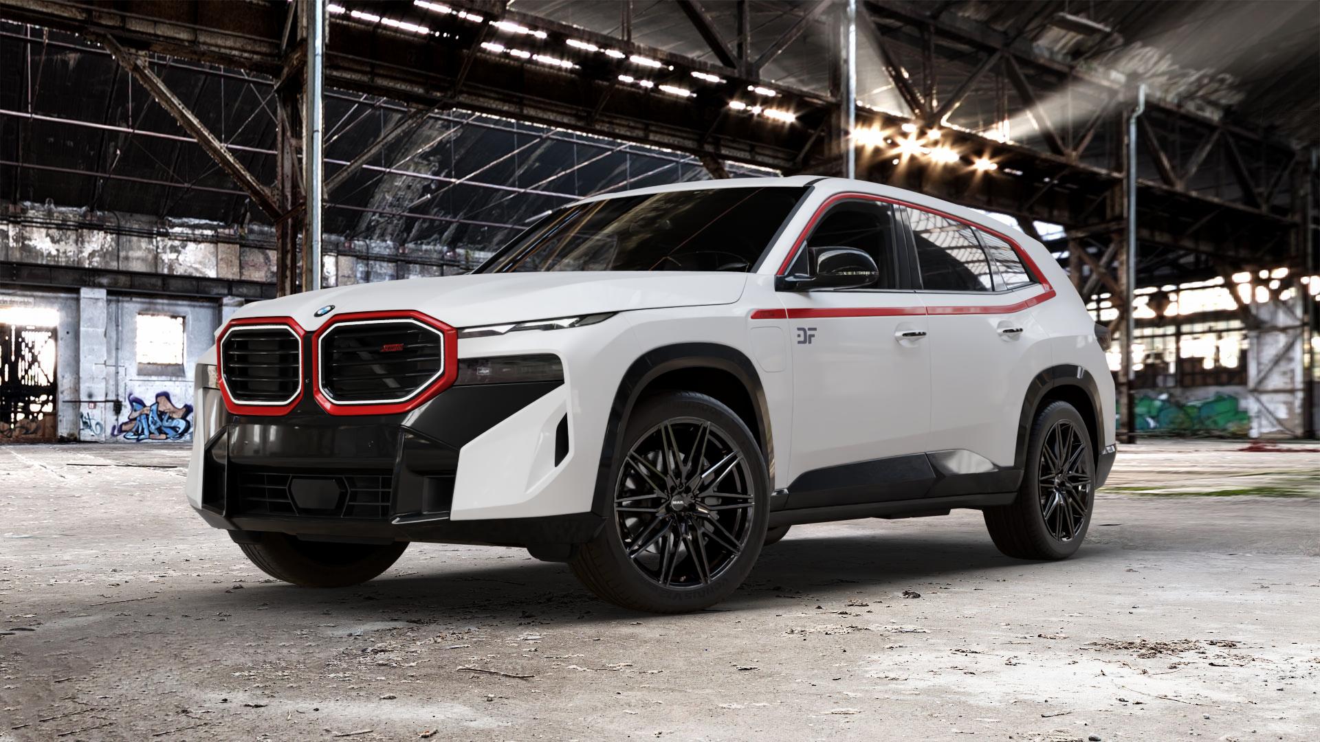 MAK Sturm Gloss Black Felge mit Reifen schwarz in 21Zoll Winterfelge Alufelge auf weissem BMW XM Typ G09 (F56XM) 4,4l Label 430kW Hybrid (585 PS) ⬇️ mit 15mm Tieferlegung ⬇️ Old Industrial Hall_max_5300mm_2024 Frontansicht_1