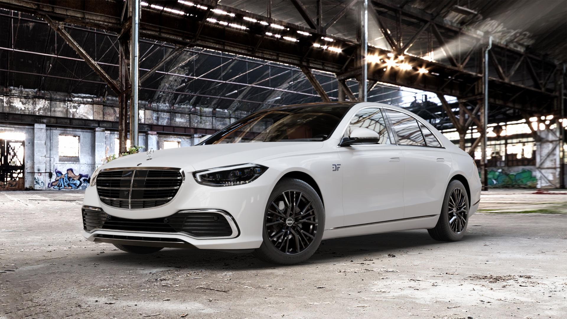 MAK Union Gloss Black Felge mit Reifen schwarz in 18Zoll Winterfelge Alufelge auf weissem Mercedes S-Klasse Typ W223 (R2S) ⬇️ mit 15mm Tieferlegung ⬇️ Old Industrial Hall_max_5300mm_2024 Frontansicht_1