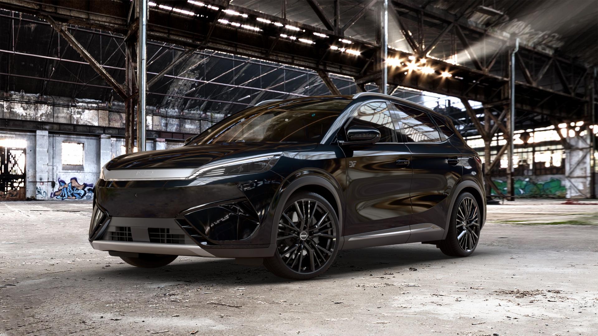 MAK Union Gloss Black Felge mit Reifen schwarz in 20Zoll Winterfelge Alufelge auf metallic schwarzem BYD Atto 3 Evo Typ SC2E ⬇️ mit 15mm Tieferlegung ⬇️ Old Industrial Hall_max_5300mm_2024 Frontansicht_1