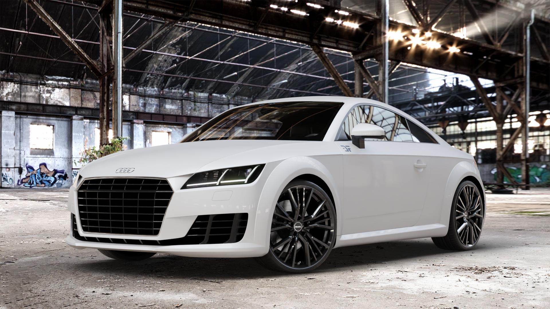 MAK Union Gloss Black Felge mit Reifen schwarz in 20Zoll Winterfelge Alufelge auf weissem Audi TT III Typ 8S (Coupé) (Roadster) ⬇️ mit 15mm Tieferlegung ⬇️ Old Industrial Hall_max_4400mm_2024 Frontansicht_1