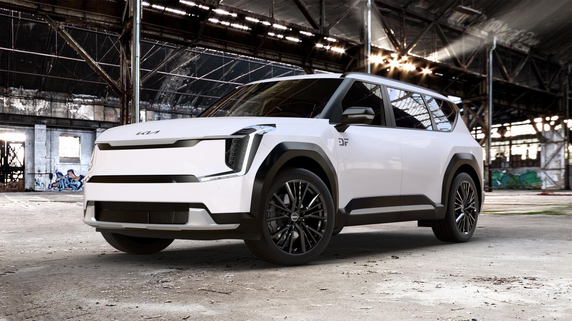 MAK Union Gloss Black Felge mit Reifen schwarz in 21Zoll Winterfelge Alufelge auf weissem Kia EV9 Typ MV1 0,0l 100kW AWD (136 PS) 53kW (72 113kW GT Line (154 ⬇️ mit 15mm Tieferlegung ⬇️ Old Industrial Hall_max_5300mm_2024 Frontansicht_1