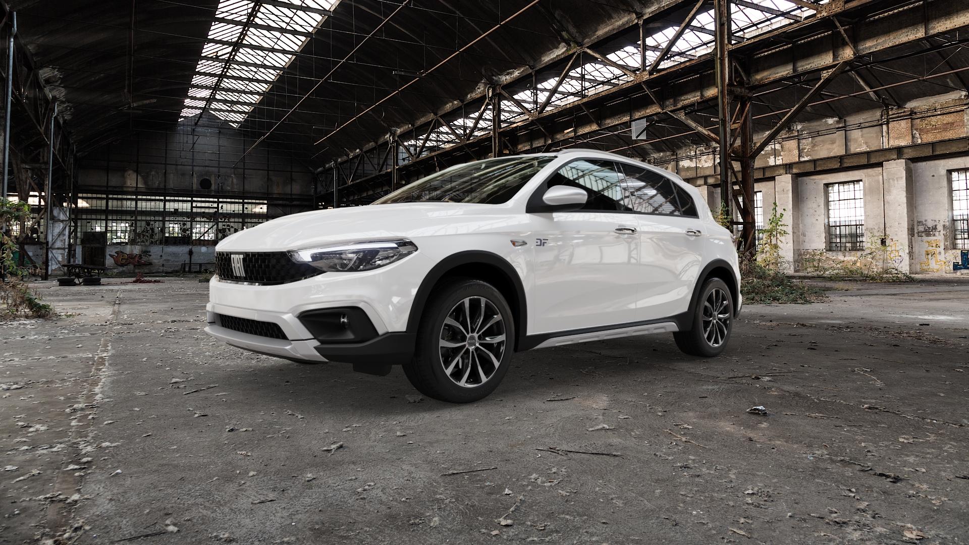 MAK Wolf Black Mirror Felge mit Reifen silber schwarz in 16Zoll Alufelge auf weissem Fiat Tipo II Cross Typ 356 ⬇️ mit 15mm Tieferlegung ⬇️ Old Industrial Hall_max5000mm_2022 Frontansicht_1