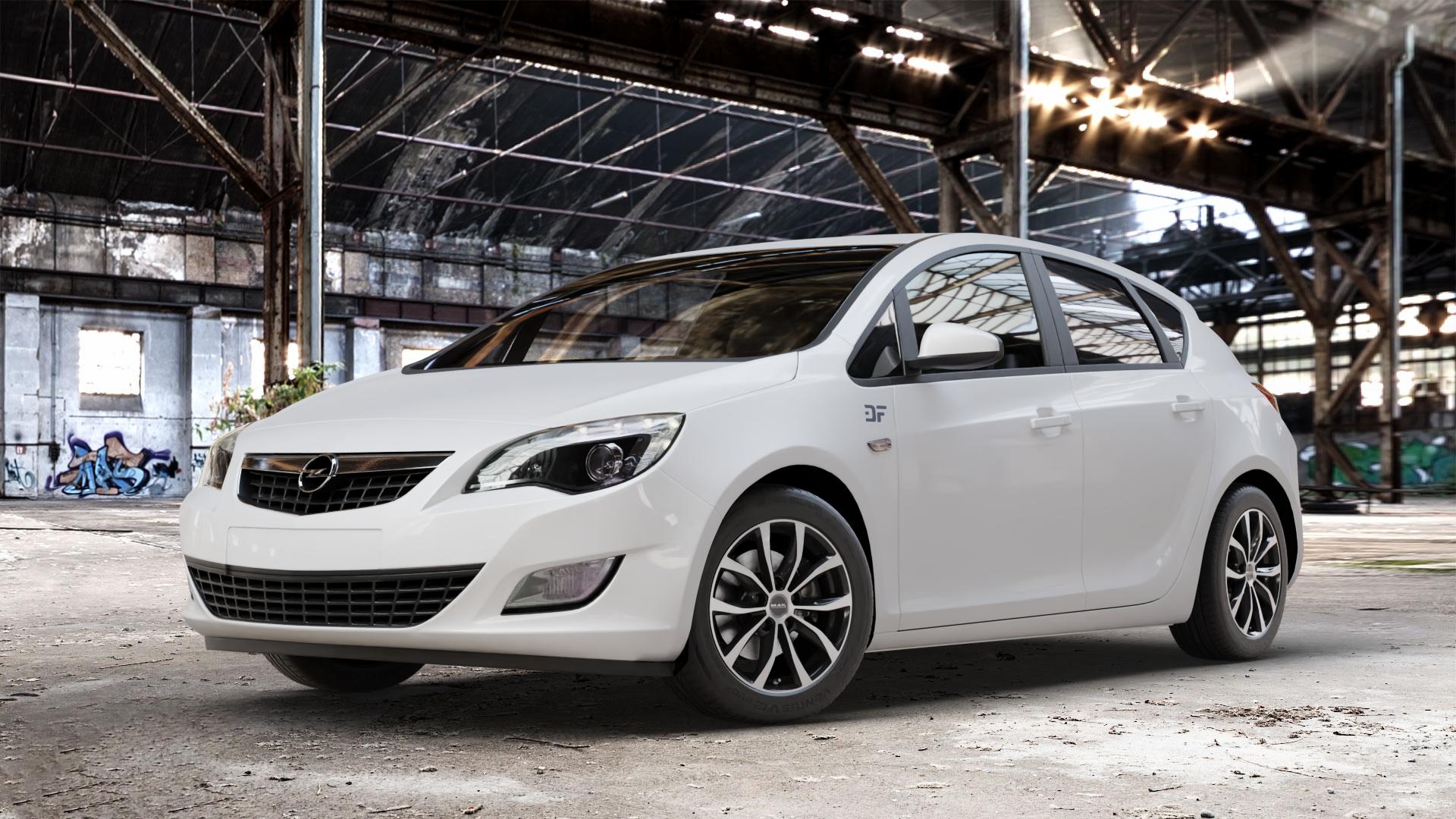 MAK Wolf Black Mirror Felge mit Reifen silber schwarz in 16Zoll Alufelge auf weissem Opel Astra J Typ P-J Stufenheck ⬇️ mit 15mm Tieferlegung ⬇️ Old Industrial Hall_max_4400mm_2024 Frontansicht_1