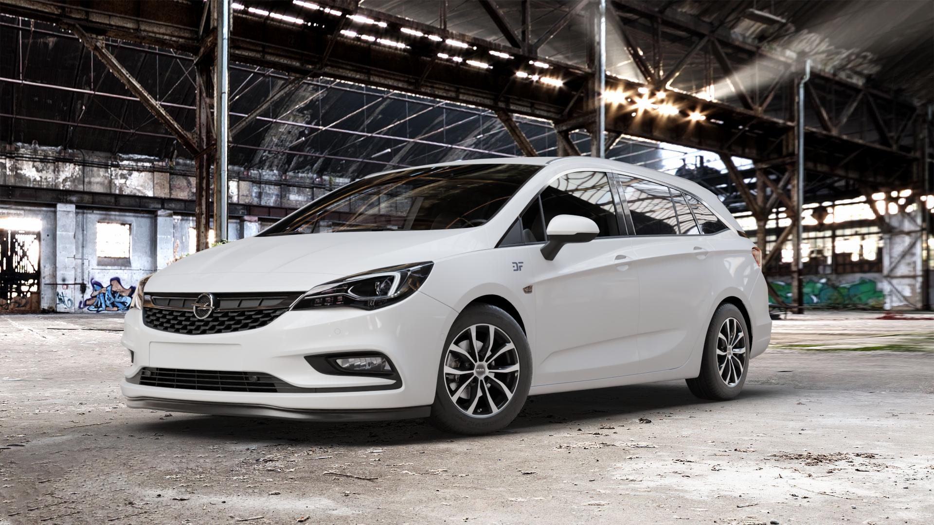 MAK Wolf Black Mirror Felge mit Reifen silber schwarz in 16Zoll Alufelge auf weissem Opel Astra K Sports Tourer Typ B-K ⬇️ mit 15mm Tieferlegung ⬇️ Old Industrial Hall_max_5300mm_2024 Frontansicht_1