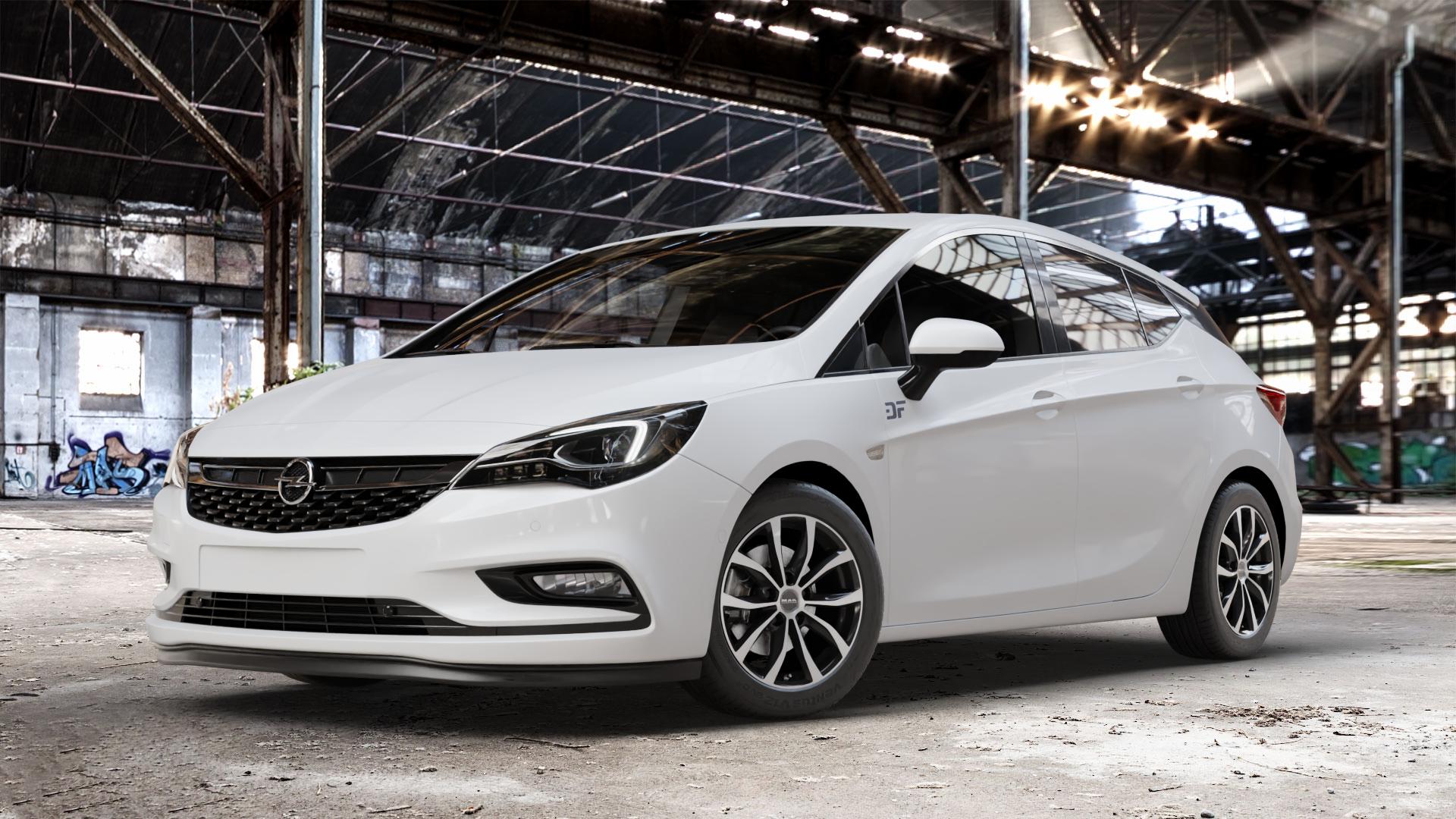 MAK Wolf Black Mirror Felge mit Reifen silber schwarz in 16Zoll Alufelge auf weissem Opel Astra K Typ B-K ⬇️ mit 15mm Tieferlegung ⬇️ Old Industrial Hall_max_4400mm_2024 Frontansicht_1
