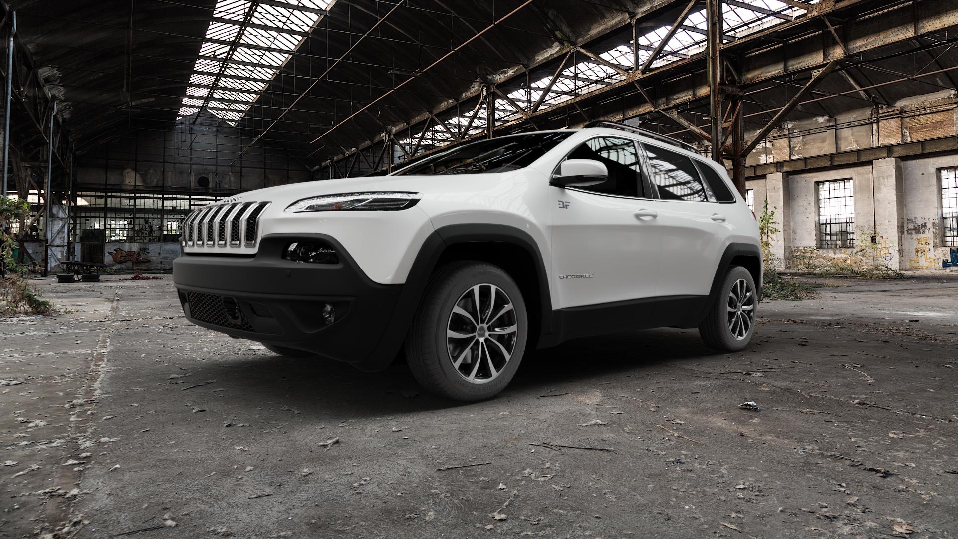MAK Wolf Black Mirror Felge mit Reifen silber schwarz in 17Zoll Alufelge auf weissem Jeep Cherokee Typ KL Trailhawk ⬇️ mit 15mm Tieferlegung ⬇️ Old Industrial Hall_max5000mm_2022 Frontansicht_1