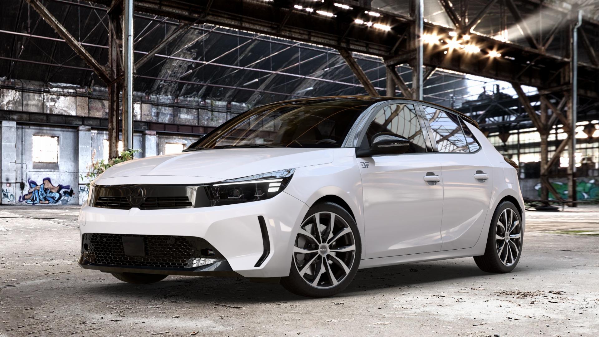 MAK Wolf Black Mirror Felge mit Reifen silber schwarz in 17Zoll Alufelge auf weissem Opel Corsa F Typ U Facelift 0,0l 57kW Corsa-e (77 PS) 62kW (84 1,2l Turbo 74kW Mild-Hybrid (101 100kW (136 ⬇️ mit 15mm Tieferlegung ⬇️ Old Industrial Hall_max_4400mm_2024 Frontansicht_1