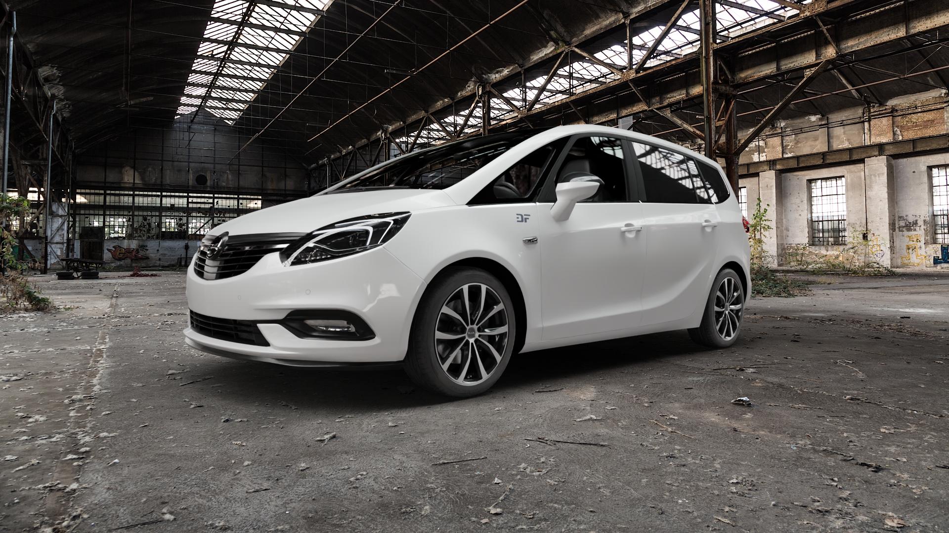 MAK Wolf Black Mirror Felge mit Reifen silber schwarz in 18Zoll Alufelge auf weissem Opel Zafira C Tourer Facelift ⬇️ mit 15mm Tieferlegung ⬇️ Old Industrial Hall_max5000mm_2022 Frontansicht_1