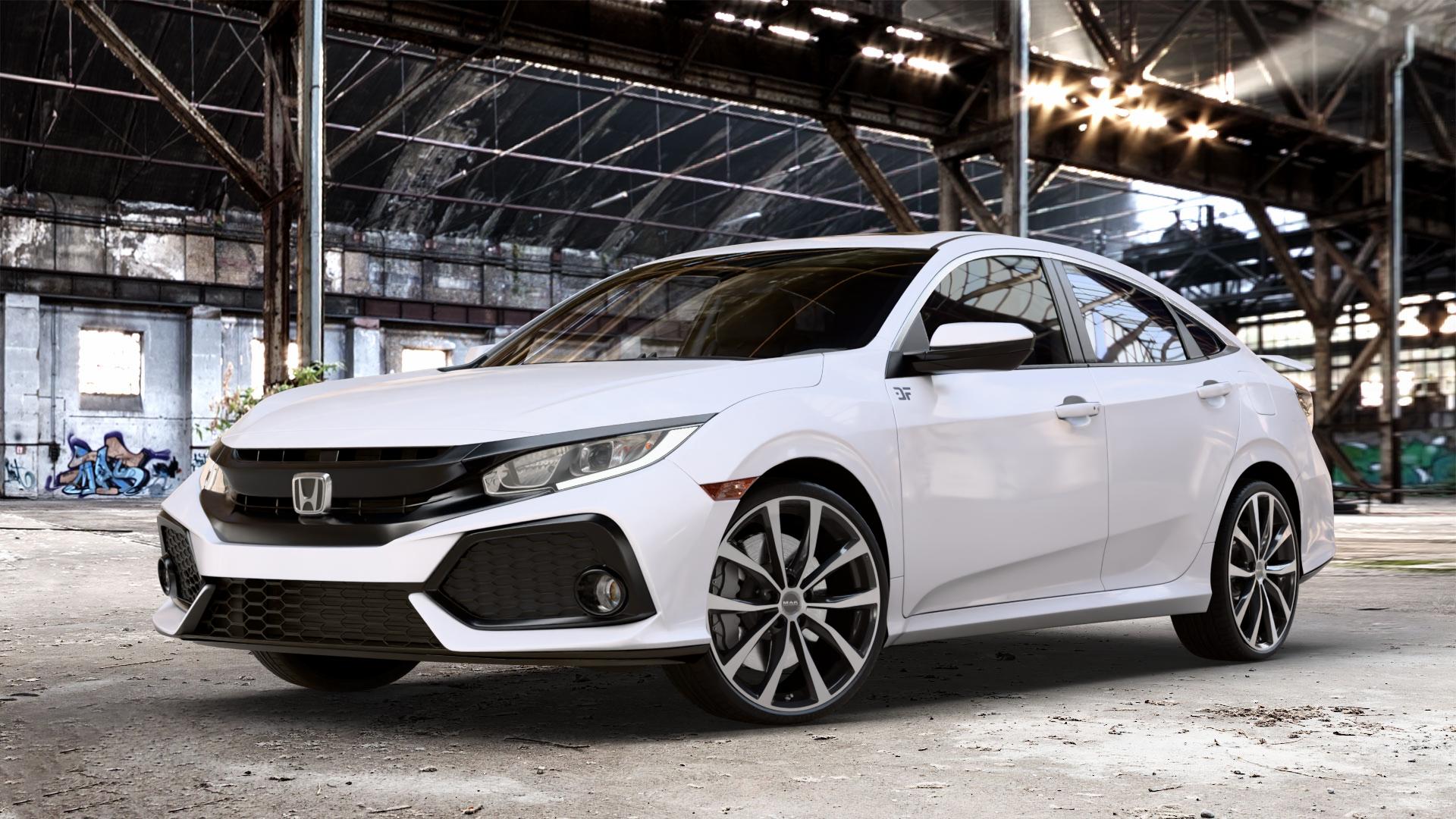 MAK Wolf Black Mirror Felge mit Reifen silber schwarz in 20Zoll Alufelge auf weissem Honda Civic 10 Stufenheck (FC) ⬇️ mit 15mm Tieferlegung ⬇️ Old Industrial Hall_max_4400mm_2024 Frontansicht_1