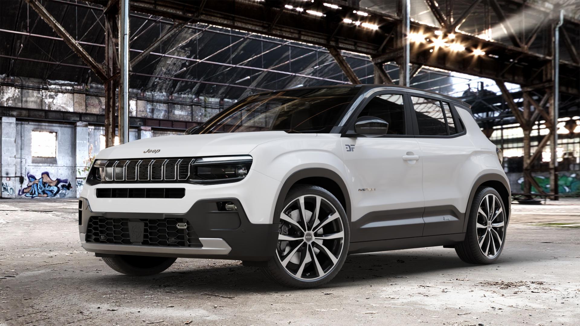 MAK Wolf Black Mirror Felge mit Reifen silber schwarz in 20Zoll Alufelge auf weissem Jeep Avenger Typ FH1 ⬇️ mit 15mm Tieferlegung ⬇️ Old Industrial Hall_max_4400mm_2024 Frontansicht_1