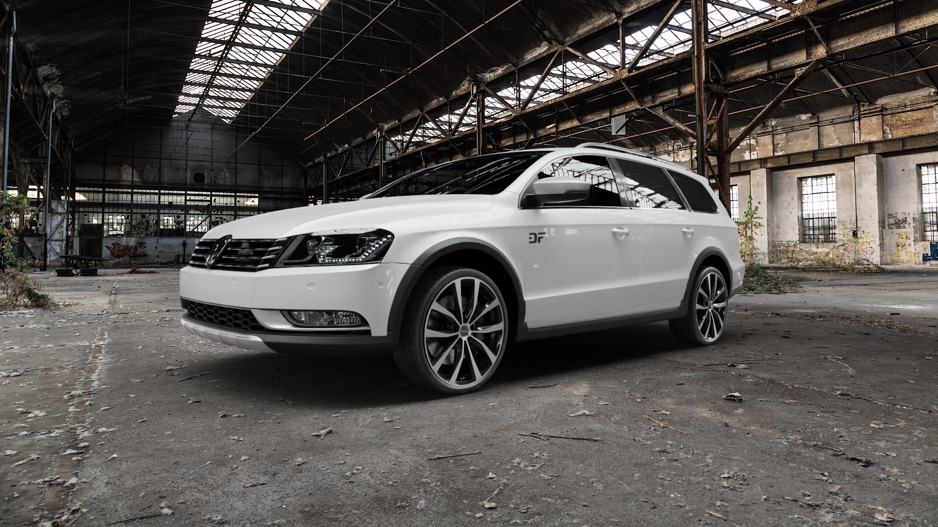 MAK Wolf Black Mirror Felge mit Reifen silber schwarz in 20Zoll Alufelge auf weissem Volkswagen (VW) Passat 3C/B7 Alltrack ⬇️ mit 15mm Tieferlegung ⬇️ Old Industrial Hall_max5000mm_2022 Frontansicht_1