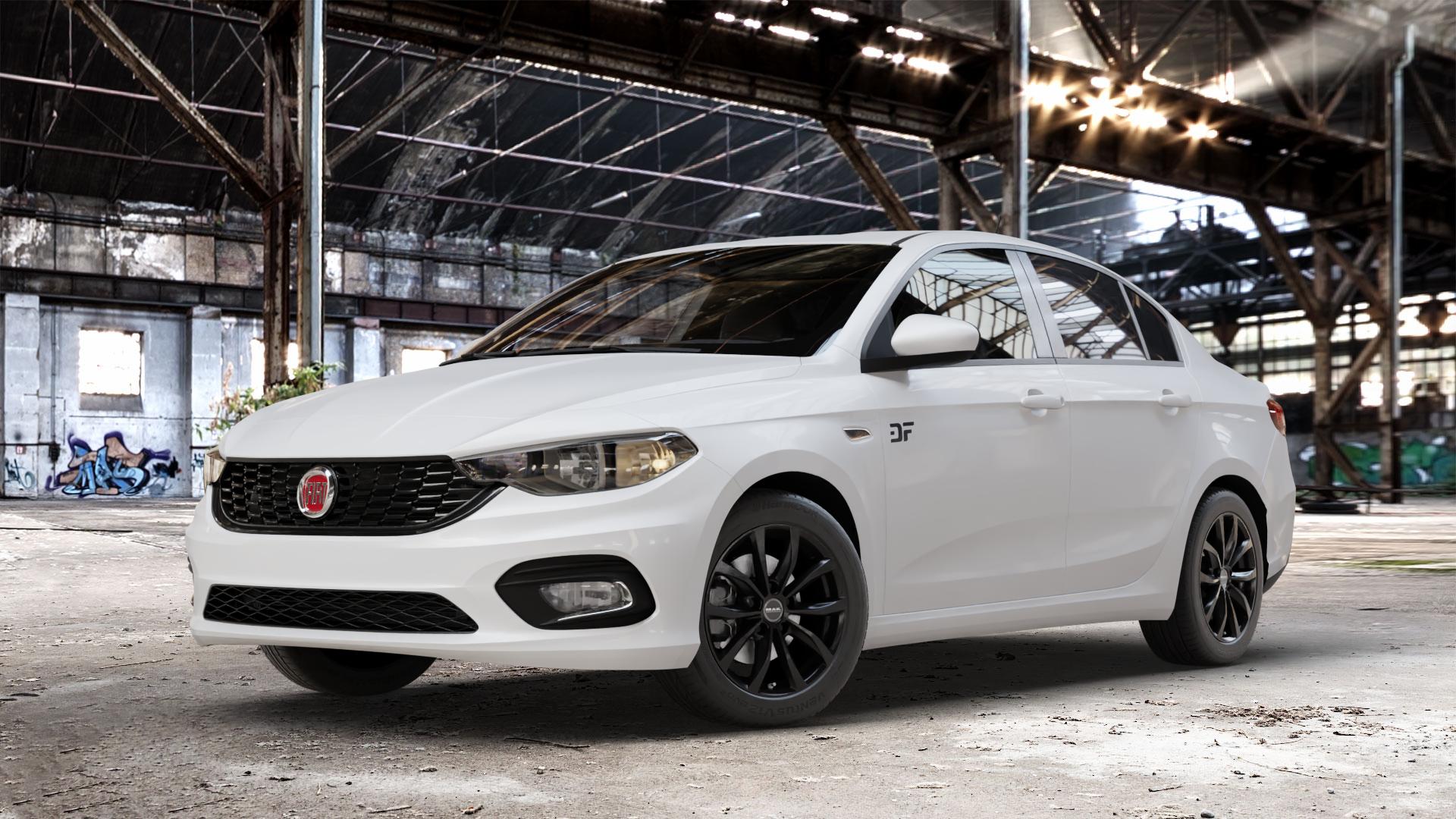 MAK Wolf Gloss Black Felge mit Reifen schwarz in 16Zoll Winterfelge Alufelge auf weissem Fiat Tipo II Limousine Typ 356 ⬇️ mit 15mm Tieferlegung ⬇️ Old Industrial Hall_max_4400mm_2024 Frontansicht_1