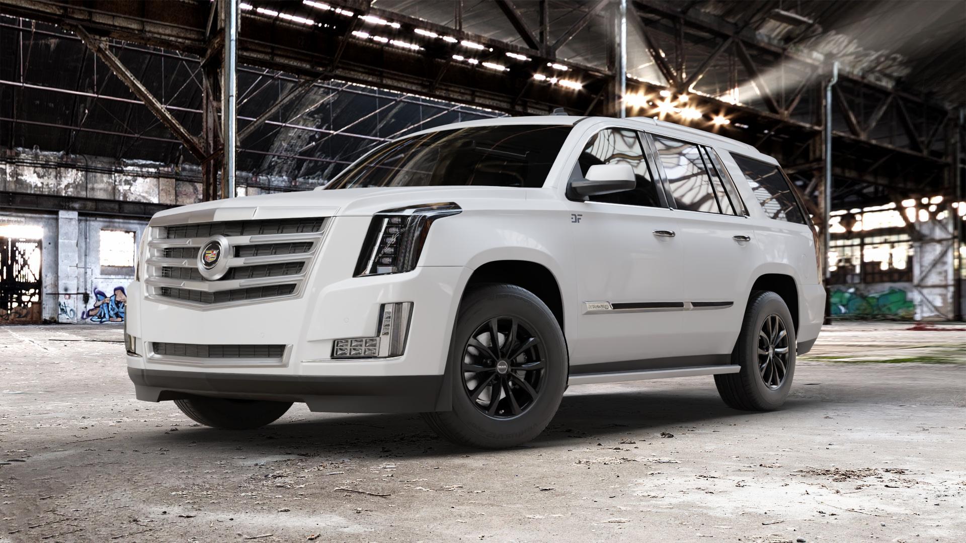 MAK Wolf Gloss Black Felge mit Reifen schwarz in 17Zoll Winterfelge Alufelge auf weissem Cadillac Escalade Typ GMT K2XX ⬇️ mit 15mm Tieferlegung ⬇️ Old Industrial Hall_max_5300mm_2024 Frontansicht_1