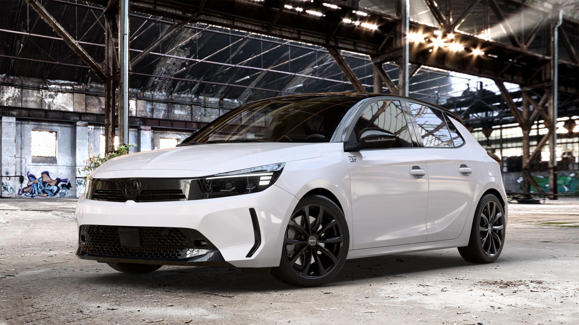 MAK Wolf Gloss Black Felge mit Reifen schwarz in 17Zoll Winterfelge Alufelge auf weissem Opel Corsa F Typ U Facelift 0,0l 57kW Corsa-e (77 PS) 62kW (84 1,2l Turbo 74kW Mild-Hybrid (101 100kW (136 ⬇️ mit 15mm Tieferlegung ⬇️ Old Industrial Hall_max_4400mm_2024 Frontansicht_1