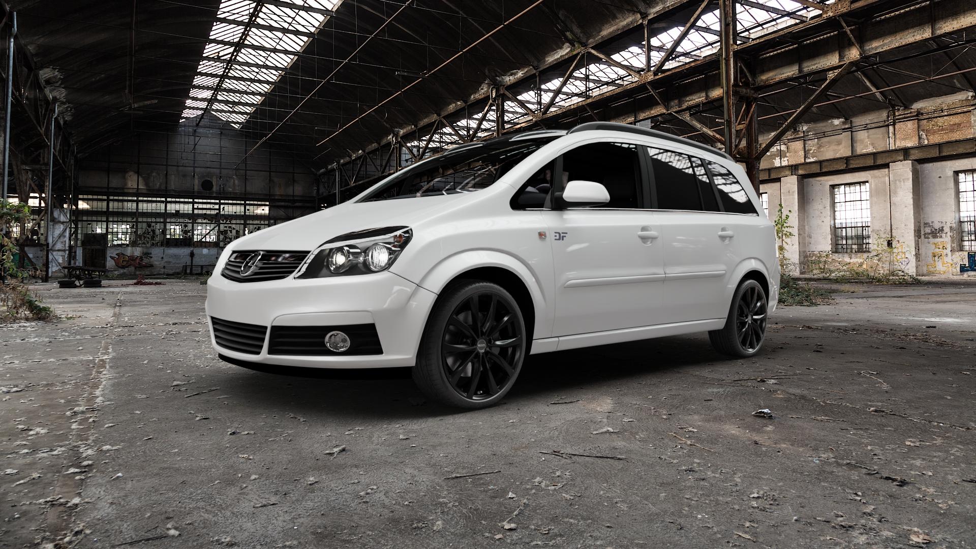 MAK Wolf Gloss Black Felge mit Reifen schwarz in 19Zoll Winterfelge Alufelge auf weissem Opel Zafira B ⬇️ mit 15mm Tieferlegung ⬇️ Old Industrial Hall_max5000mm_2022 Frontansicht_1
